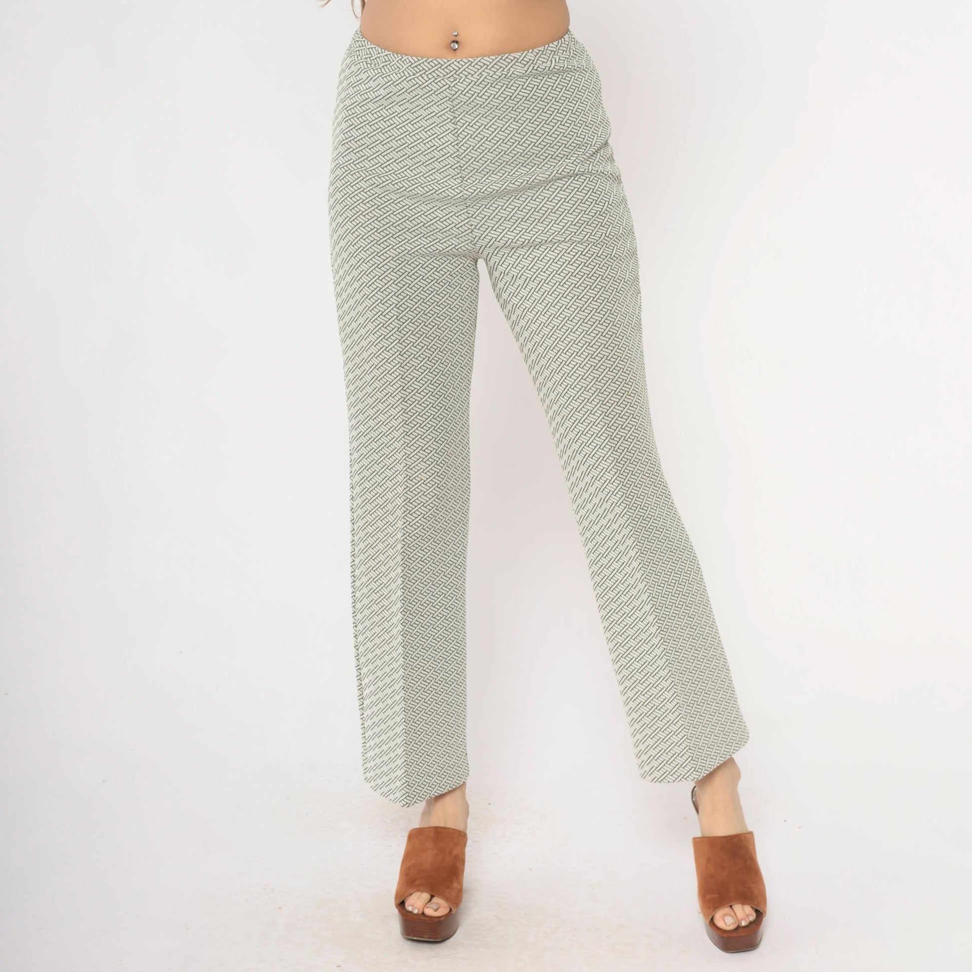 70s Geometric Basketweave Straight Leg Pants Cream Black High Waist Small