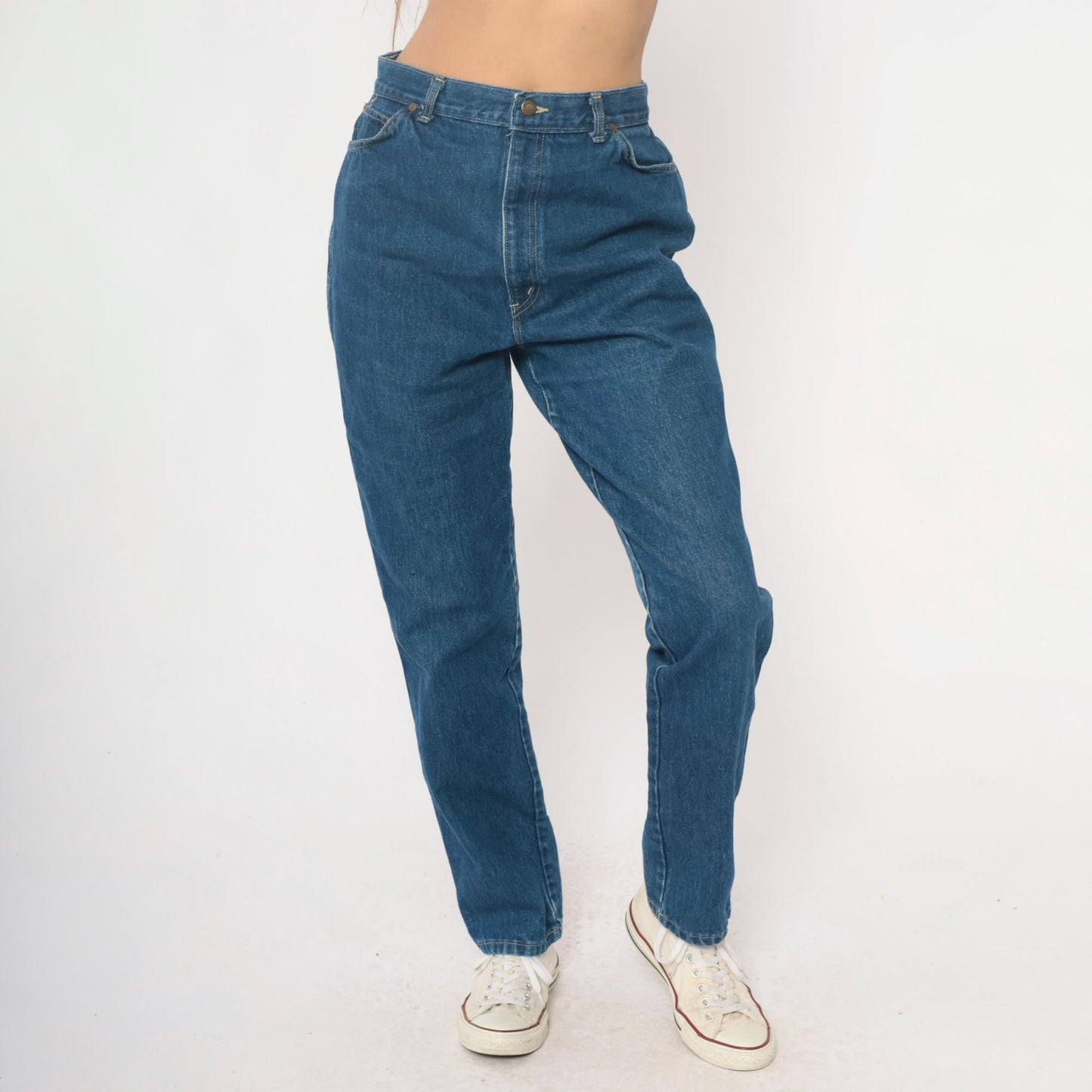 80s High Waisted Straight Leg Jeans Medium Wash Denim Chic Logo Extra Large XL