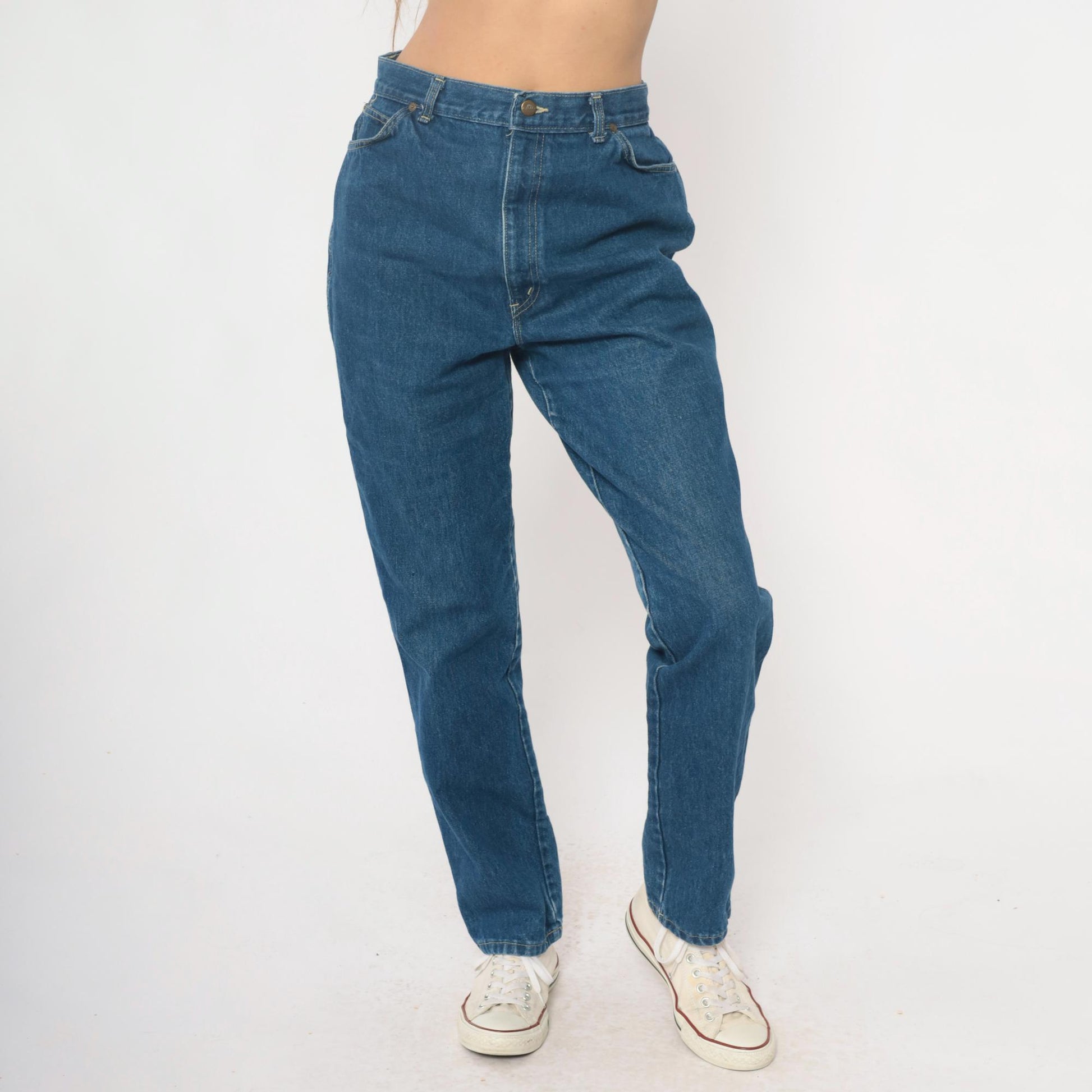 80s High Waisted Straight Leg Jeans Medium Wash Denim Chic Logo Extra Large XL