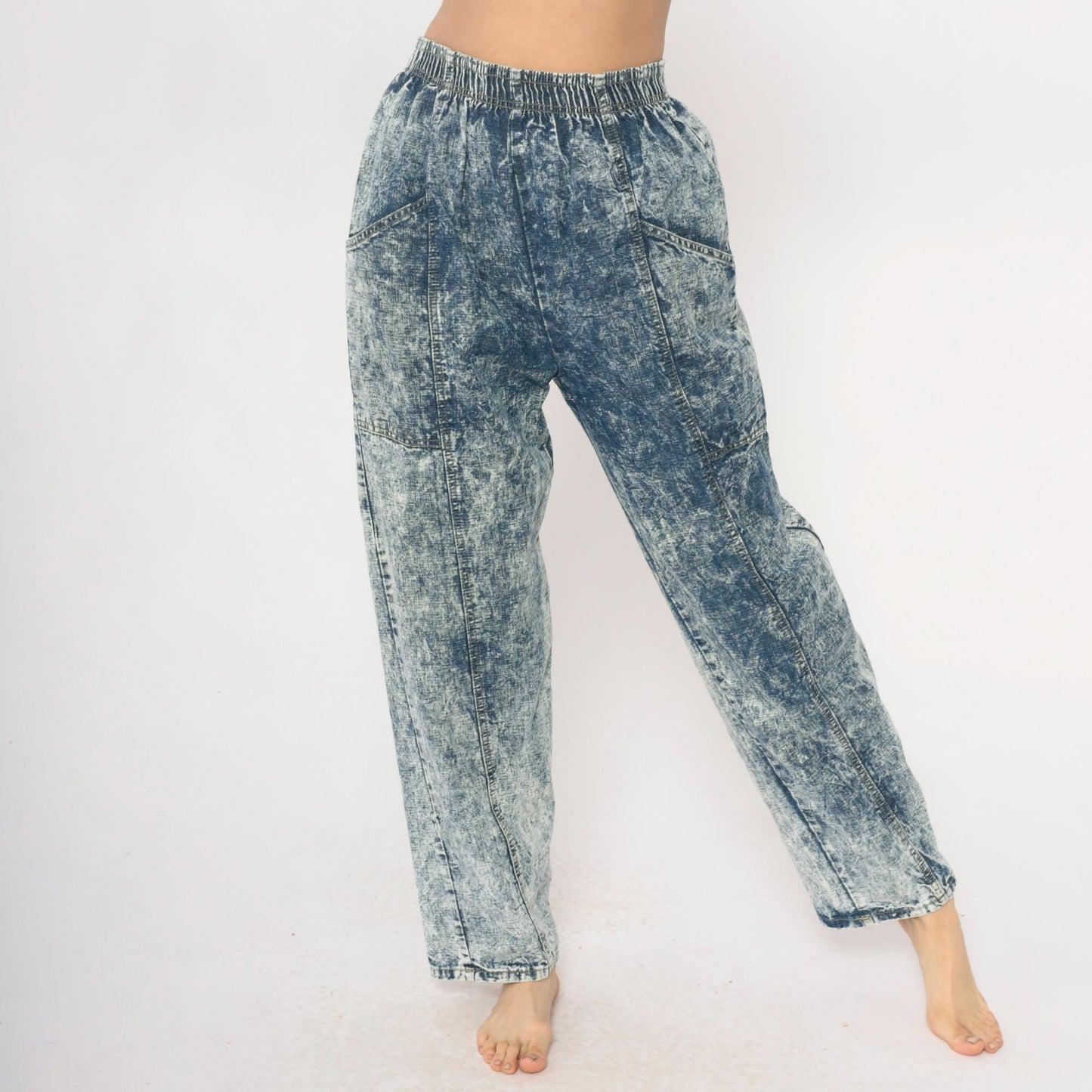 90s Acid Wash Denim High Rise Elastic Waist Straight Leg Light Blue Small Medium