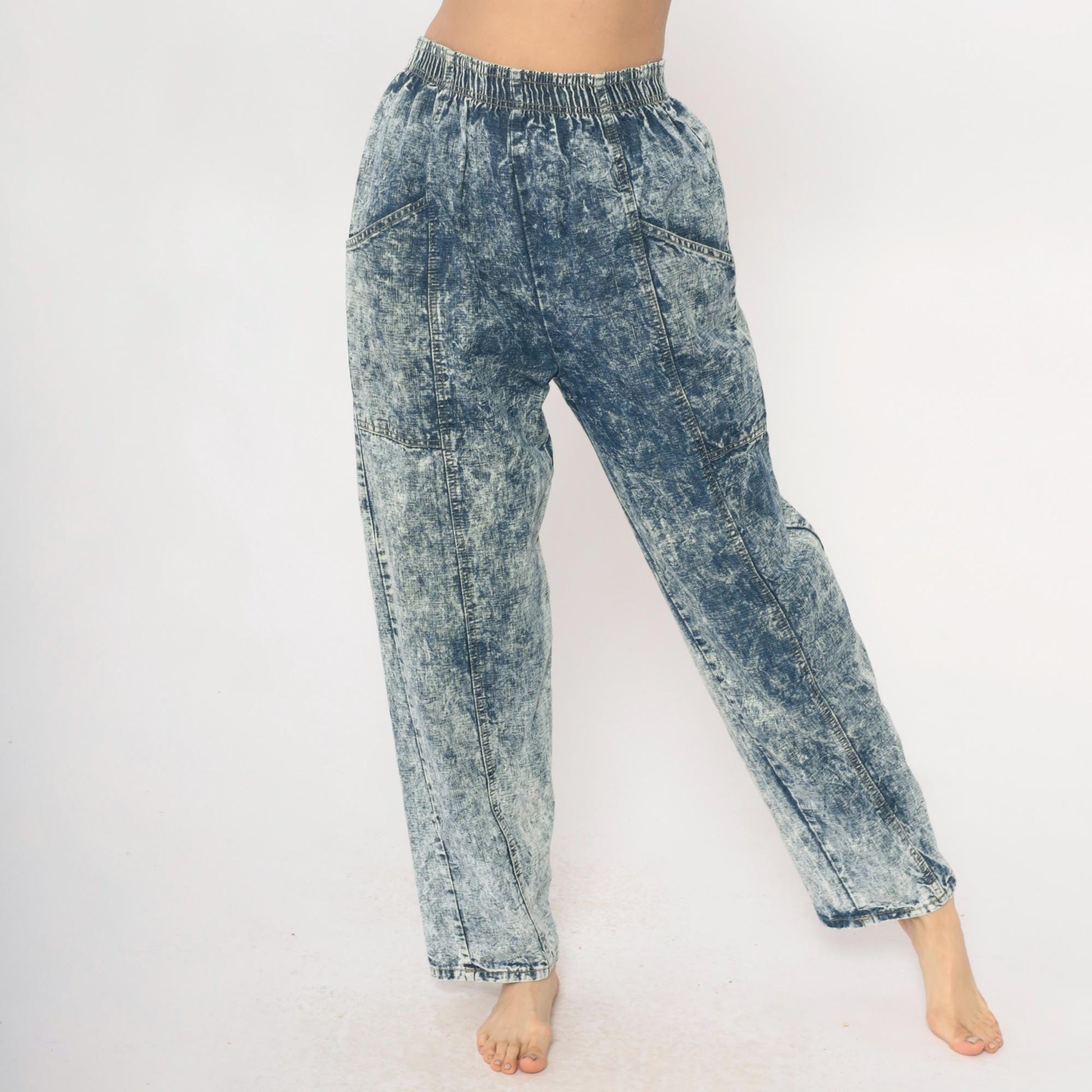 90s Acid Wash Denim High Rise Elastic Waist Straight Leg Light Blue Small Medium