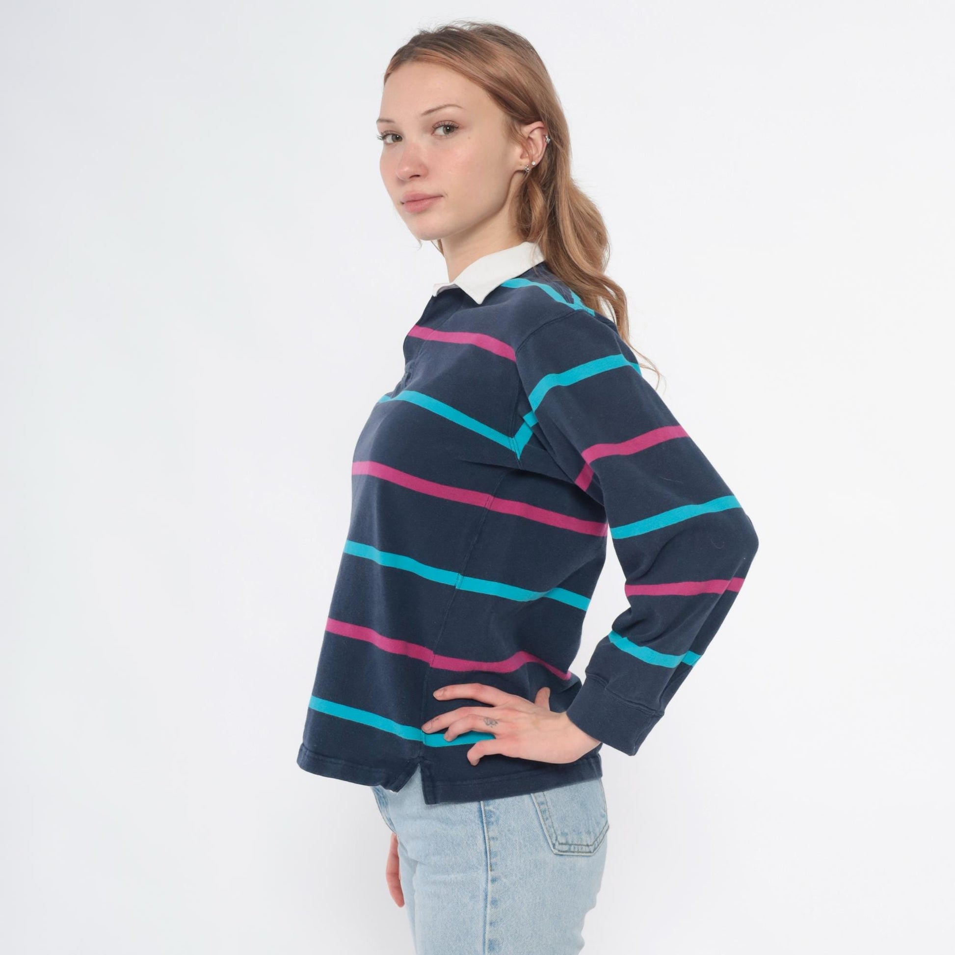 90s Dover by Arrow Rugby Polo Navy Pink Teal Striped Cotton Small