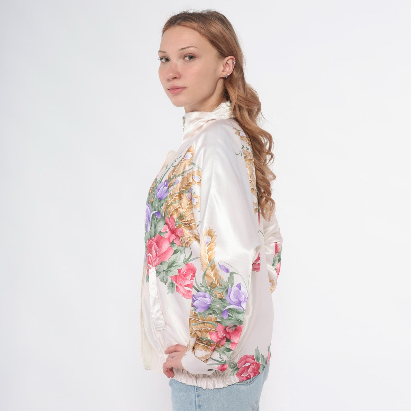 90s Floral Windbreaker Jacket White Zip Botanical Print Medium M