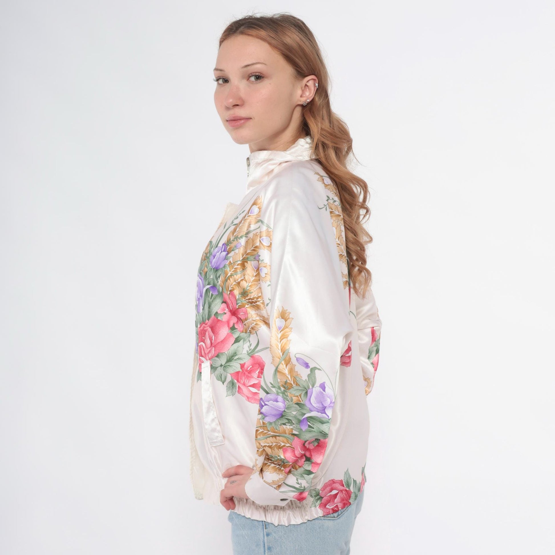 90s Floral Windbreaker Jacket White Zip Botanical Print Medium M