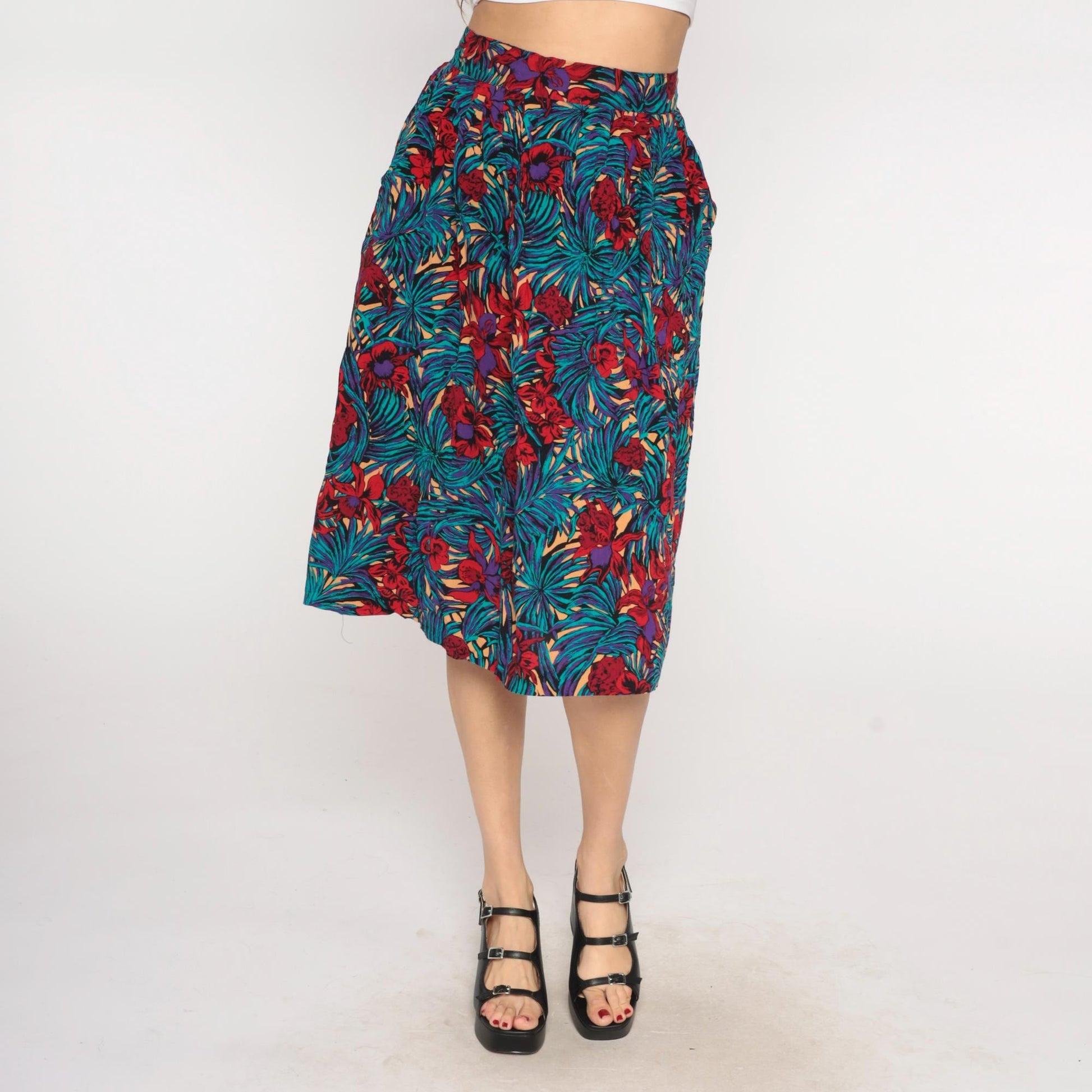 90s Tropical Palm Floral Maxi Skirt Turquoise Purple Elastic Waist Medium