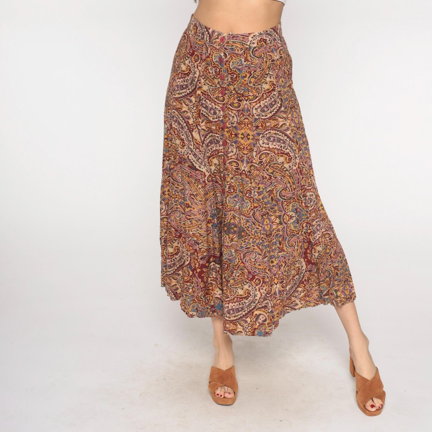 90s Express Paisley Midi Skirt Button Front Brown Purple Gold Medium M