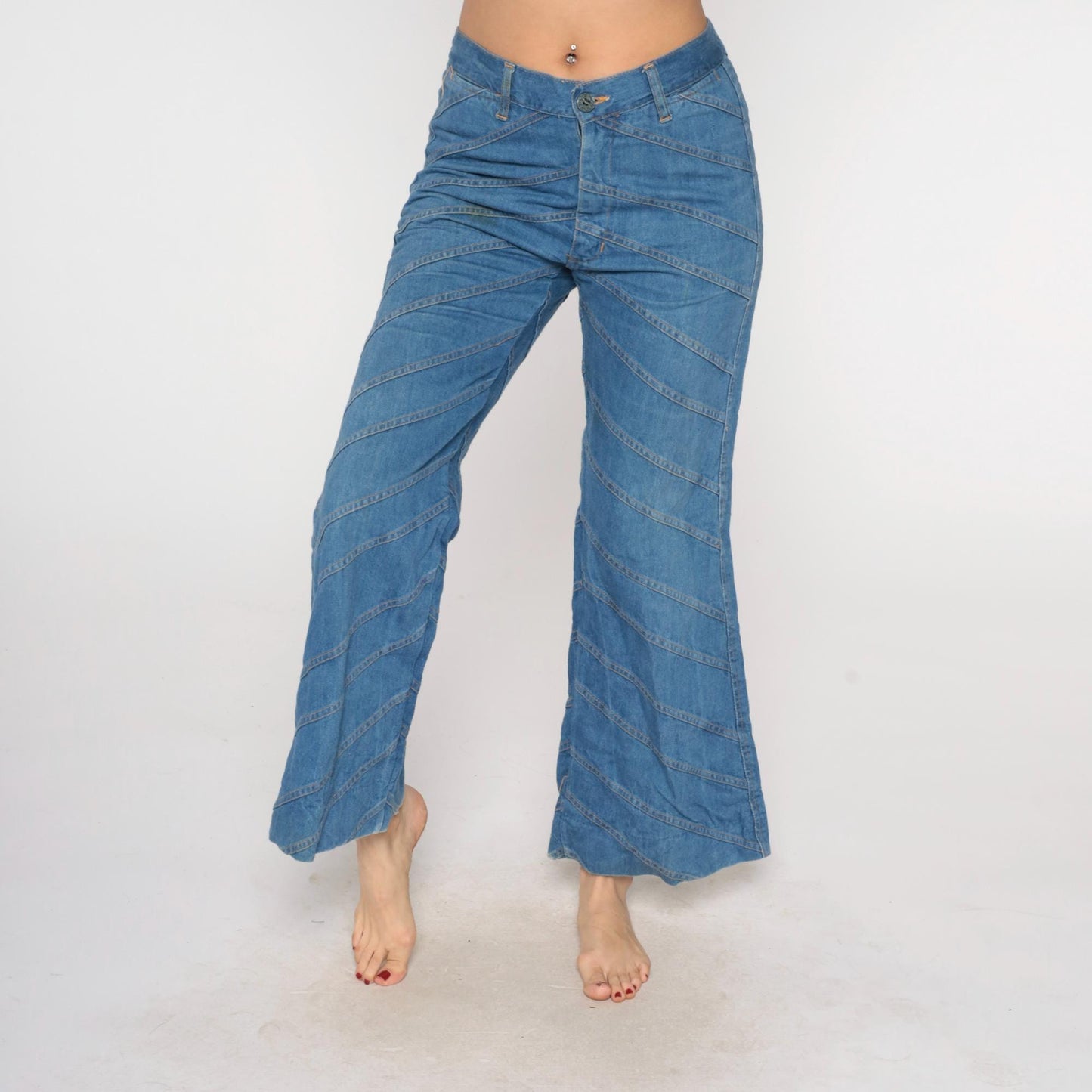 70s Light Blue Denim Bell Bottom Jeans Chevron Seam High Waist Large