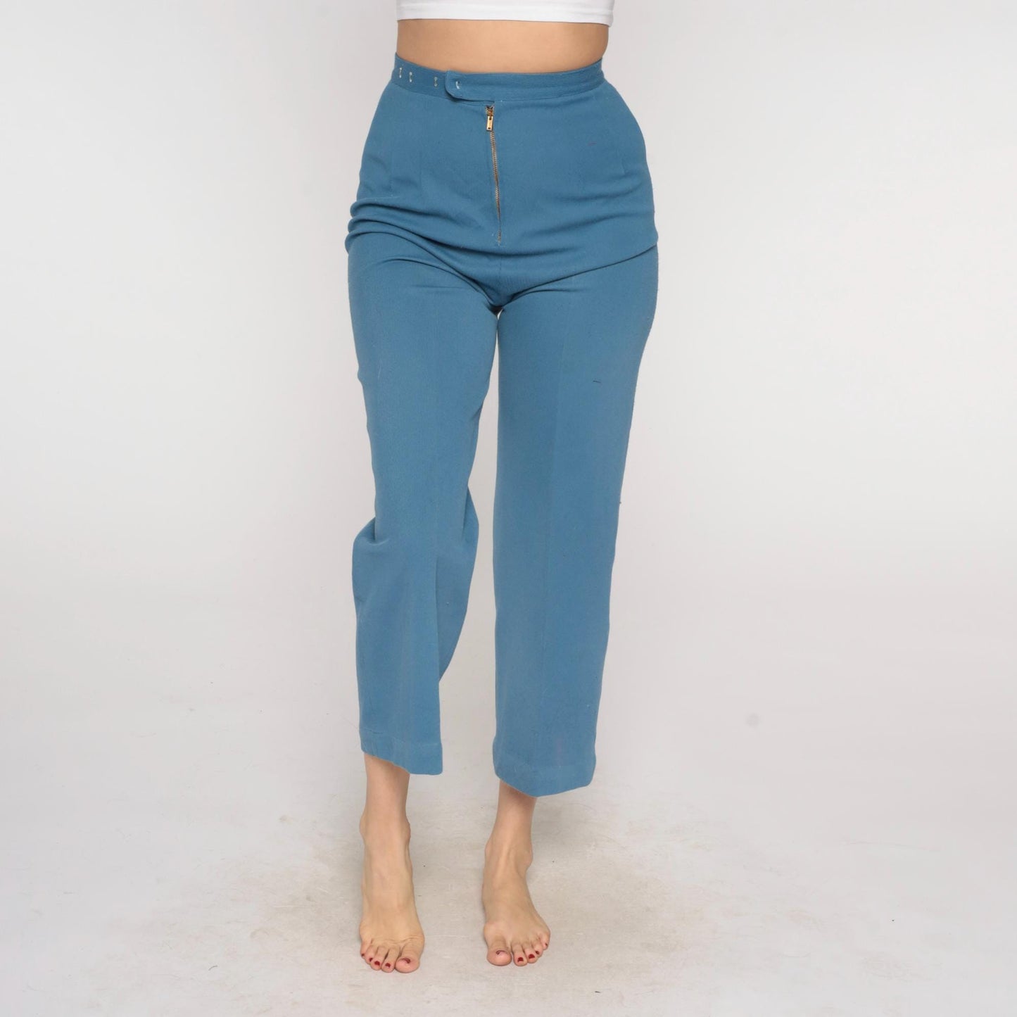 70s Dusty Blue High-Waisted Straight Leg Cropped Trousers Extra Small XS