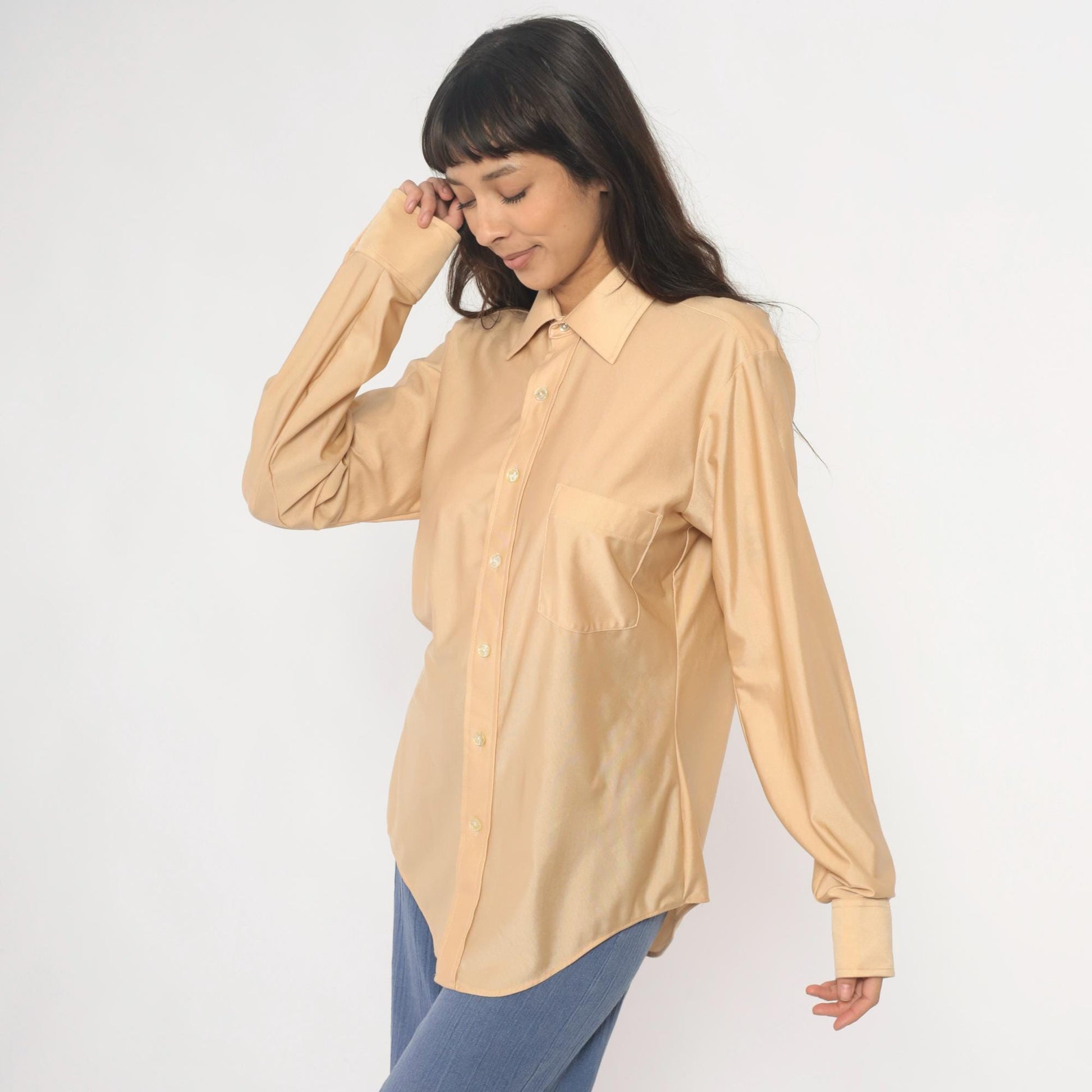 70s Arrow Kent Cream Nylon Button-Up Blouse Pointed Collar Long Sleeve Large
