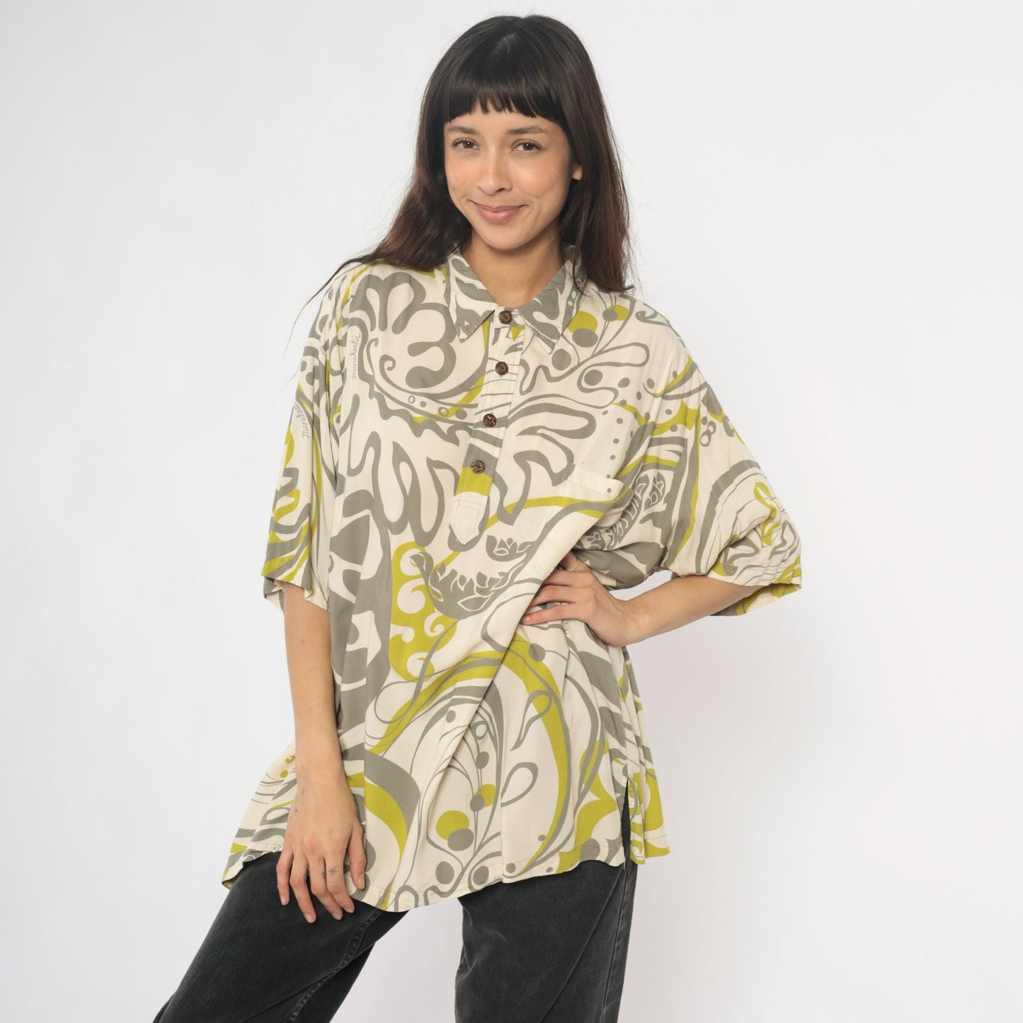 Y2K Manuhealii Psychedelic Swirl Shirt Cream Grey Chartreuse Extra Large XL