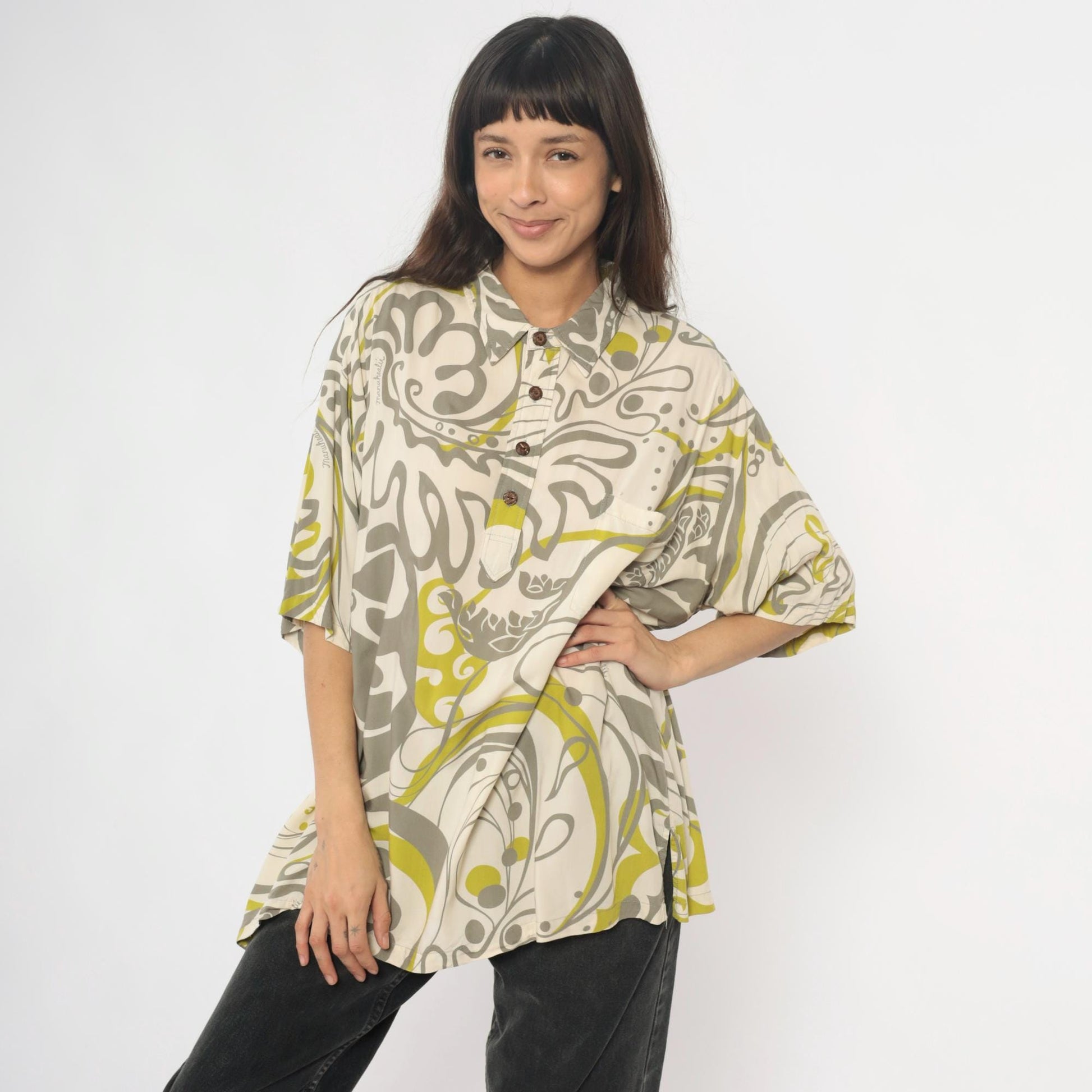 Y2K Manuhealii Psychedelic Swirl Shirt Cream Grey Chartreuse Extra Large XL