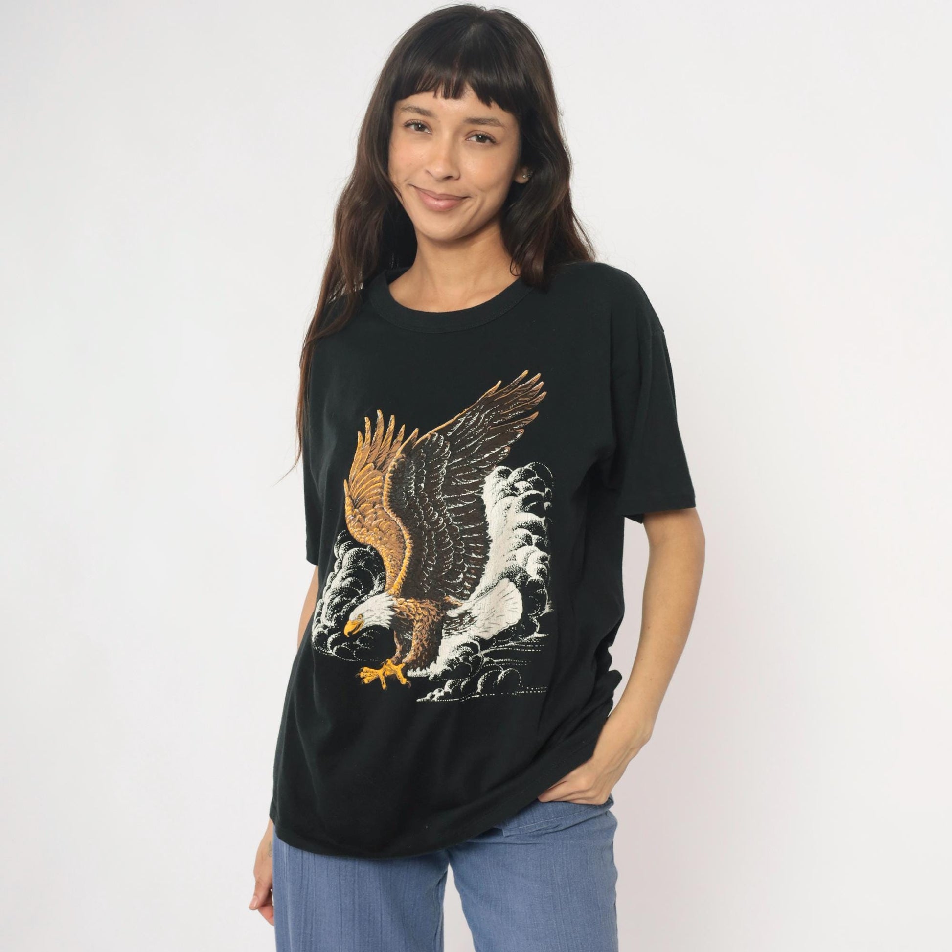 90s Bald Eagle Graphic T-Shirt Black Cotton Tee Large L
