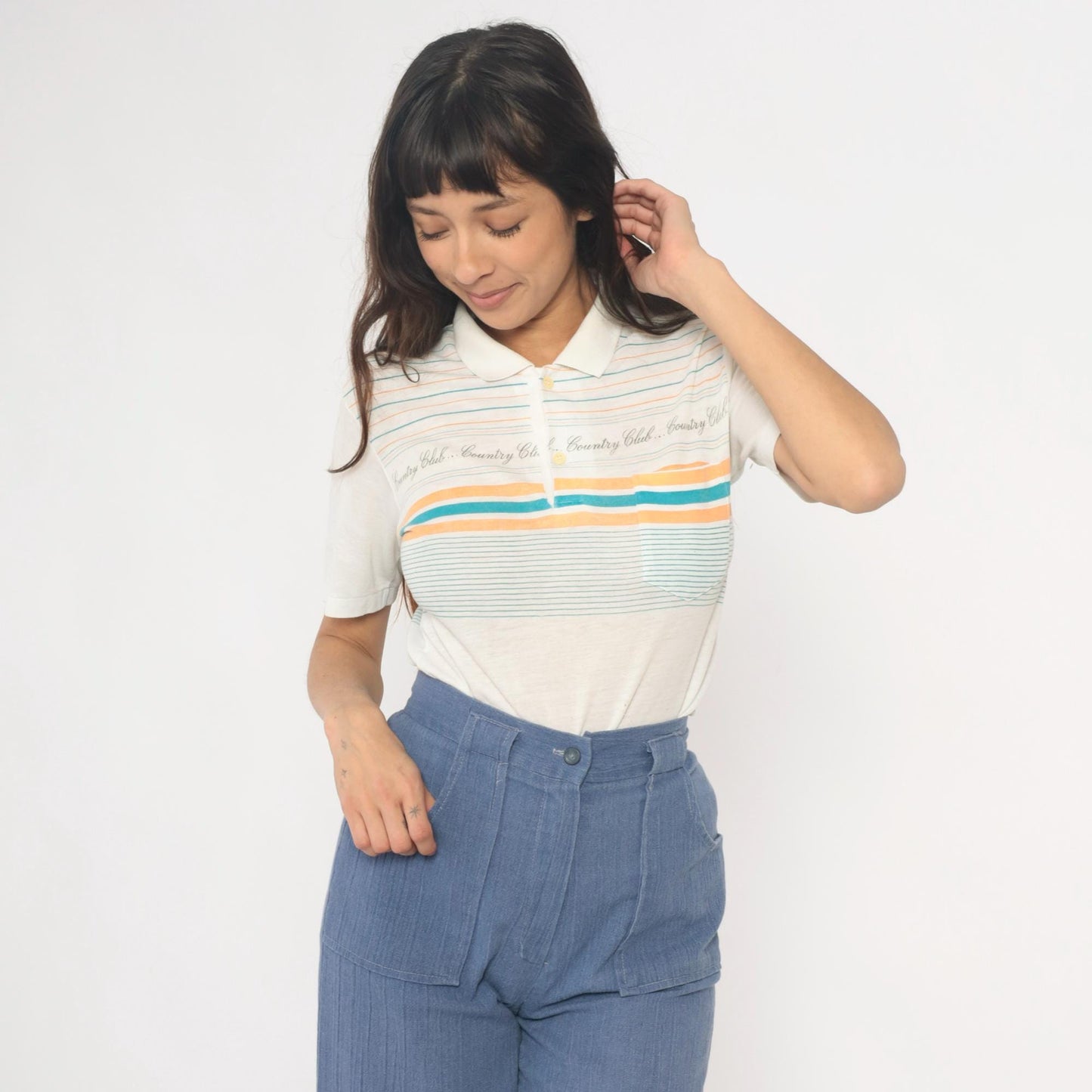 80s Country Club Polo Shirt Striped Cream Teal Peach Small