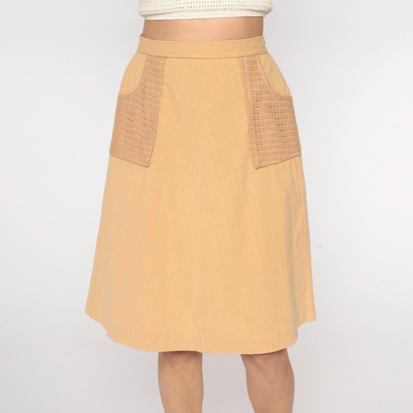 70s Beige A-Line Mini Skirt Crochet Pocket Cotton Linen Medium M