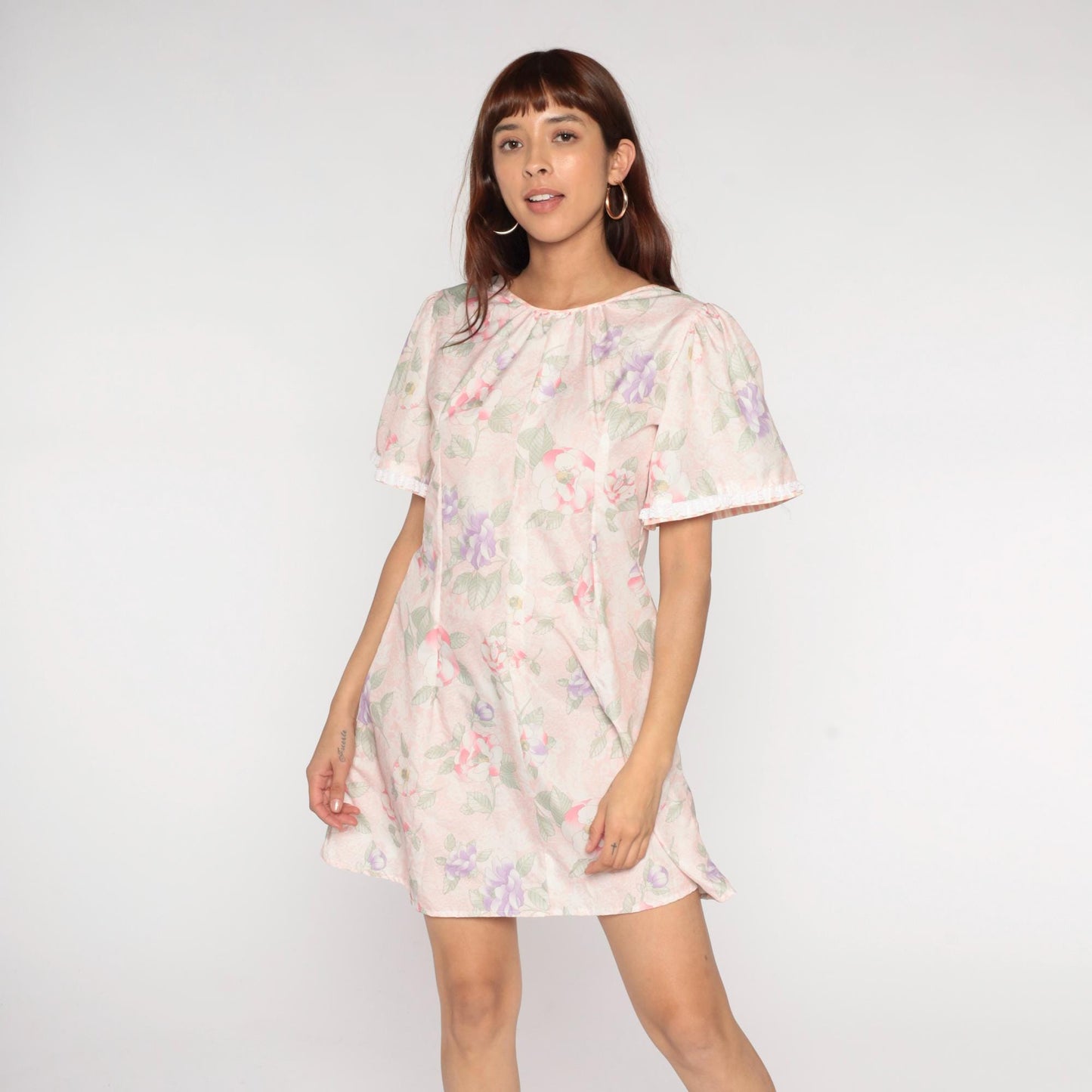 80s Pastel Floral Mini Dress Puff Sleeve Pink Purple Green A-Line Medium M