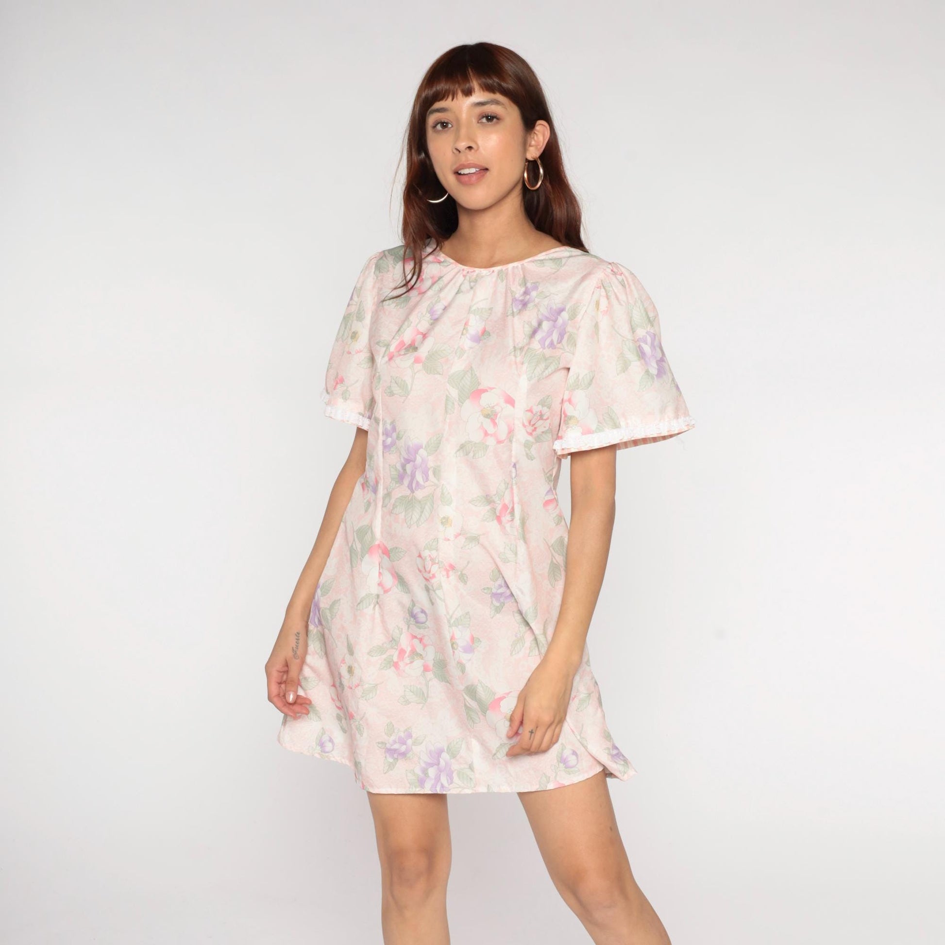 80s Pastel Floral Mini Dress Puff Sleeve Pink Purple Green A-Line Medium M
