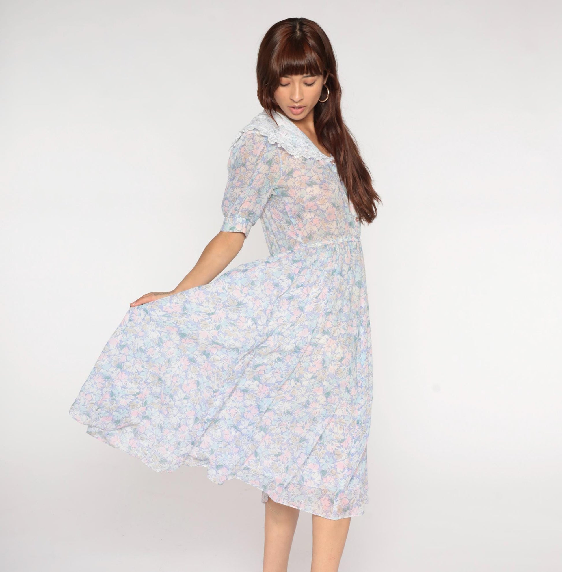 80s Act 1 Floral Midi Dress White Lace Collar Puff Sleeve Small