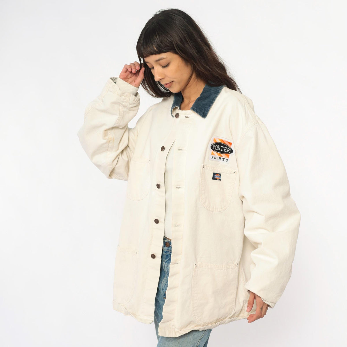90s Dickies Porter Paints Work Jacket Cream Corduroy Collar Flannel Lined Extra Large