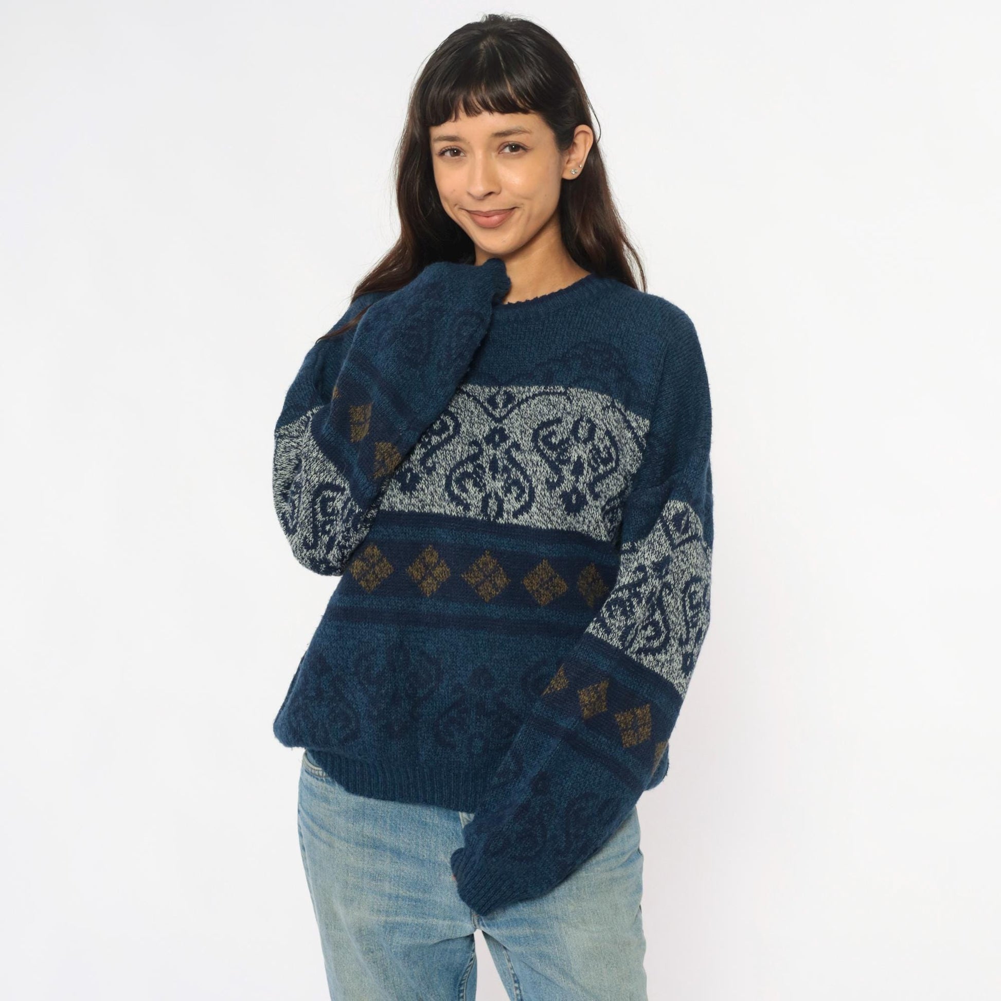 90s Fair Isle Sweater Navy White Gold Geometric Knit Crewneck Large L