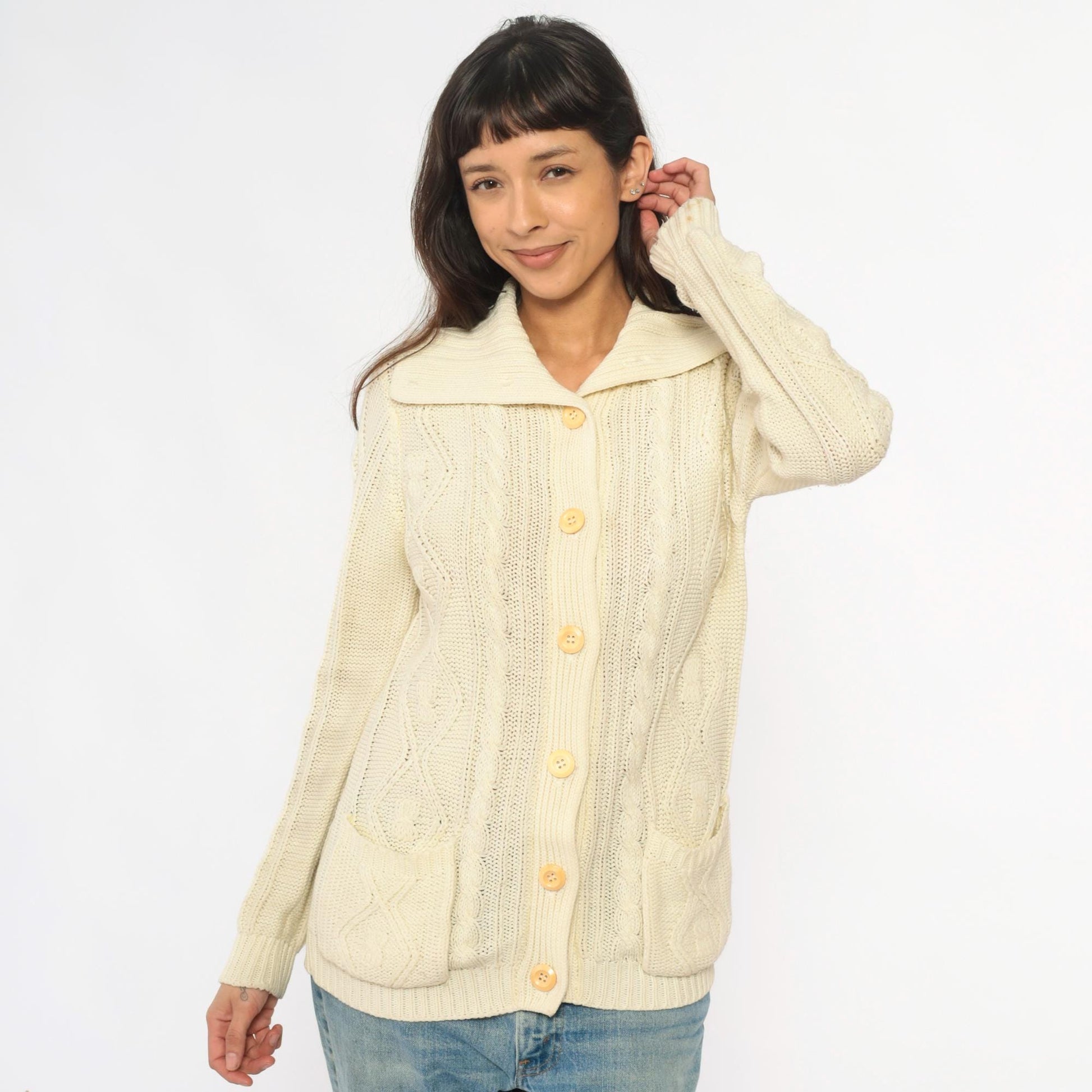 70s Cable Knit Cardigan Cream Shawl Collar Patch Pockets Small