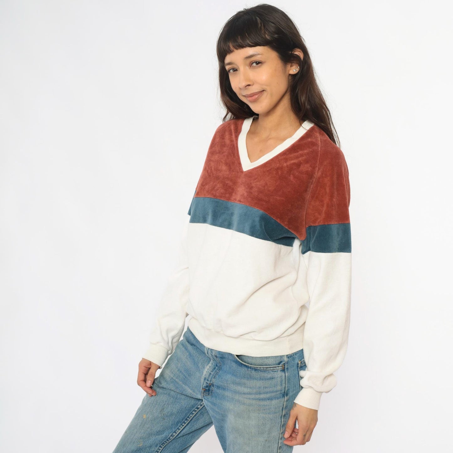 80s Expressions Velour Sweatshirt Color Block Brown Teal Cream Raglan Medium