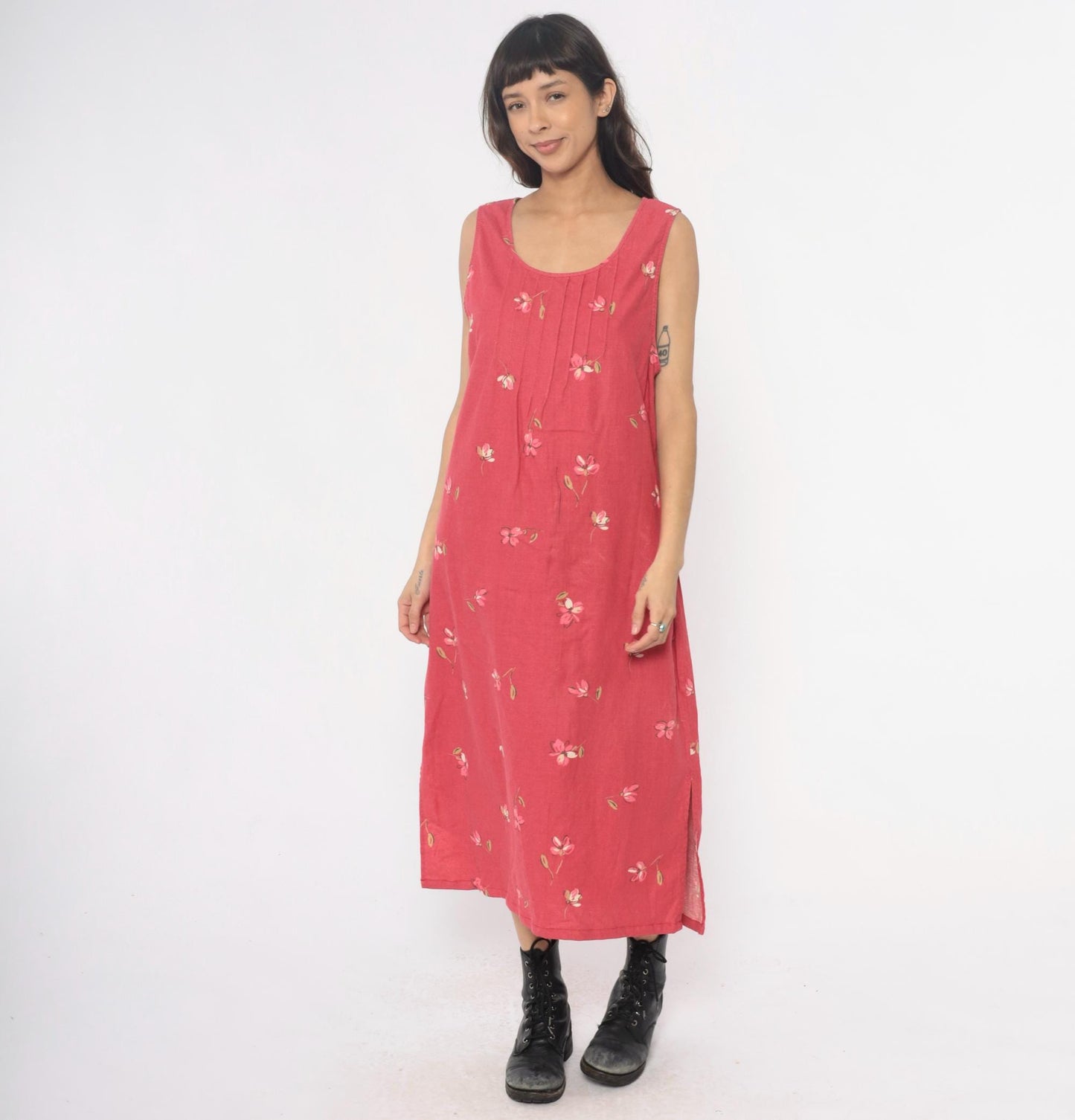 90s White Stag Floral Maxi Dress Pink Linen Cotton Blend Pintuck Medium M