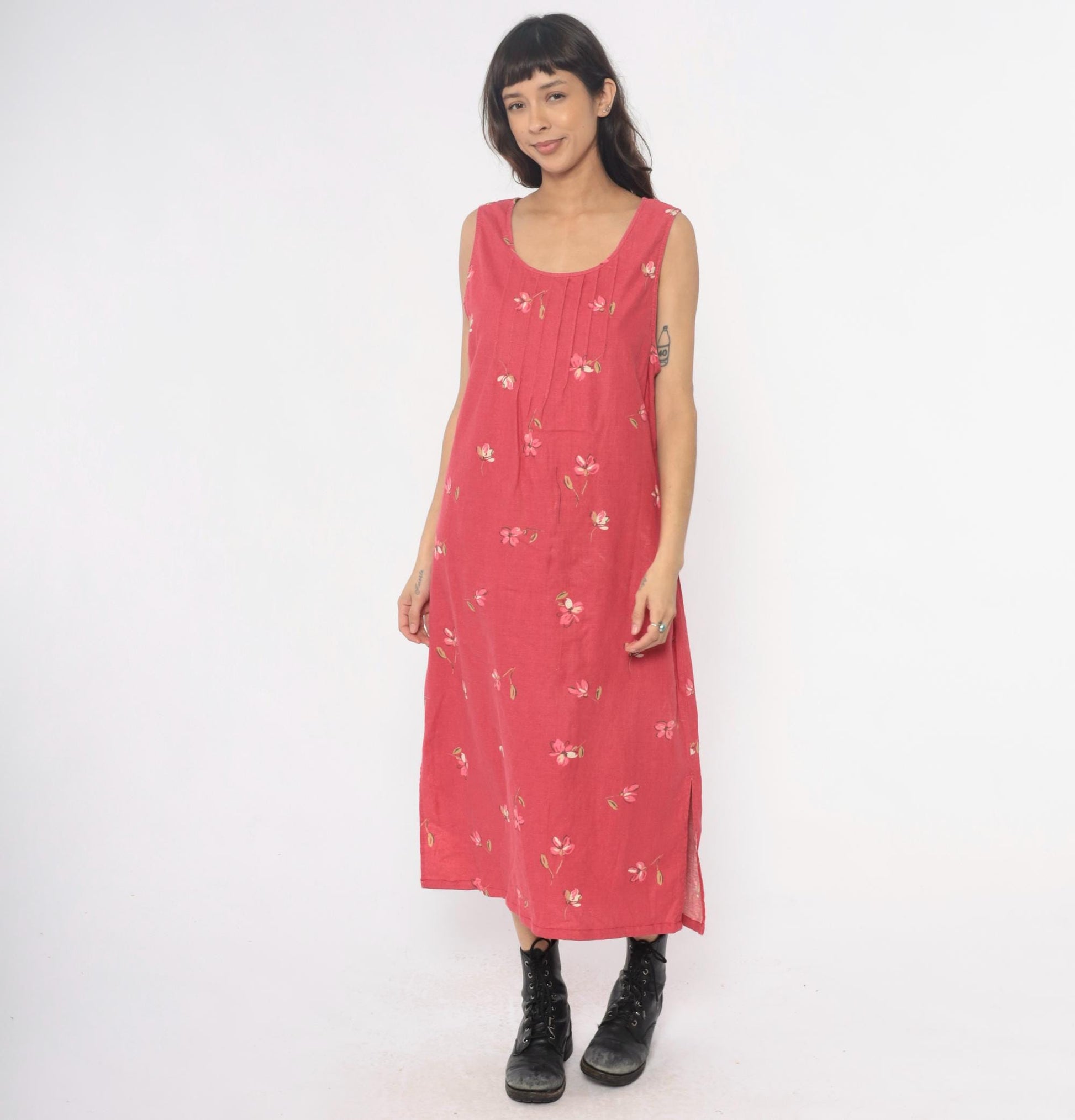 90s White Stag Floral Maxi Dress Pink Linen Cotton Blend Pintuck Medium M