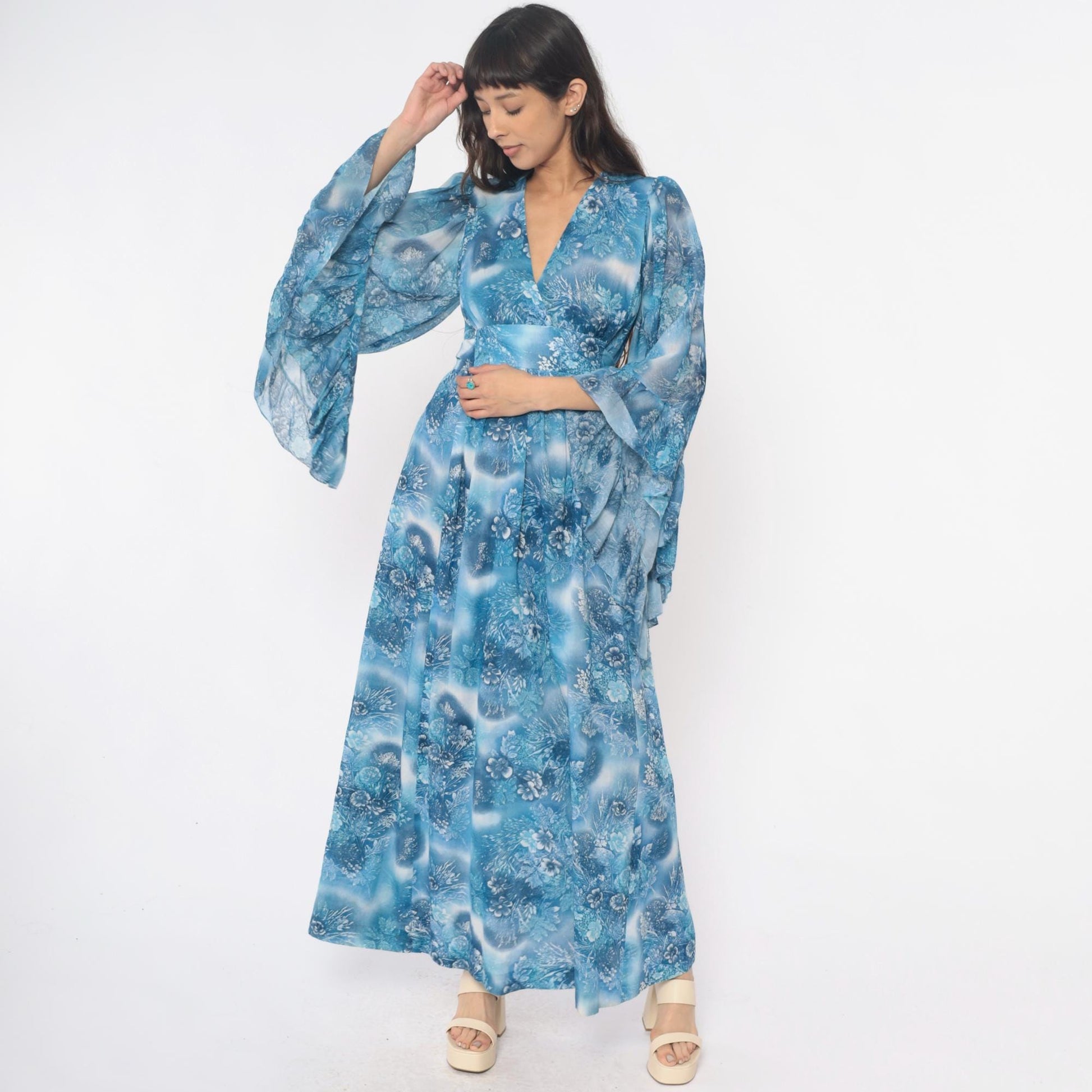 70s Blue Floral Angel Sleeve Maxi Dress Wrap Bodice Small Medium