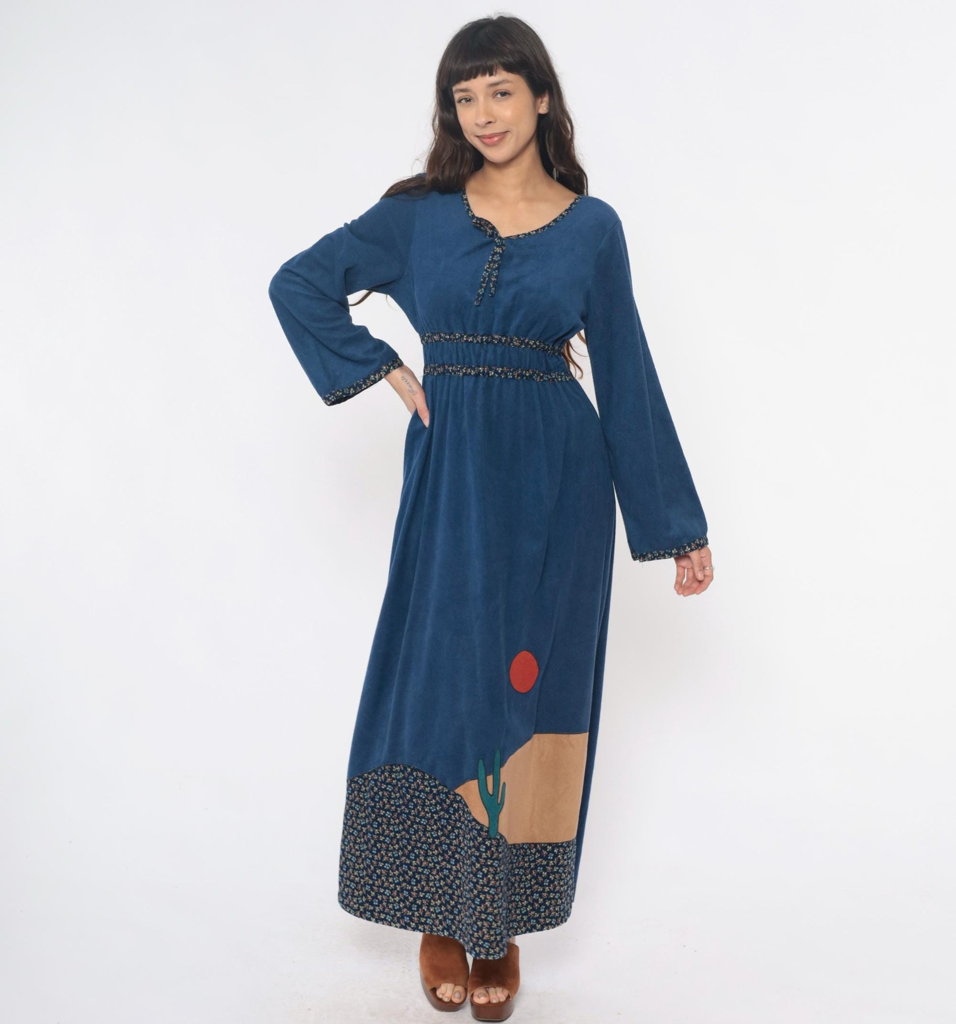 70s Blue Maxi Dress Empire Waist Desert Cactus Appliqué Long Sleeve Medium