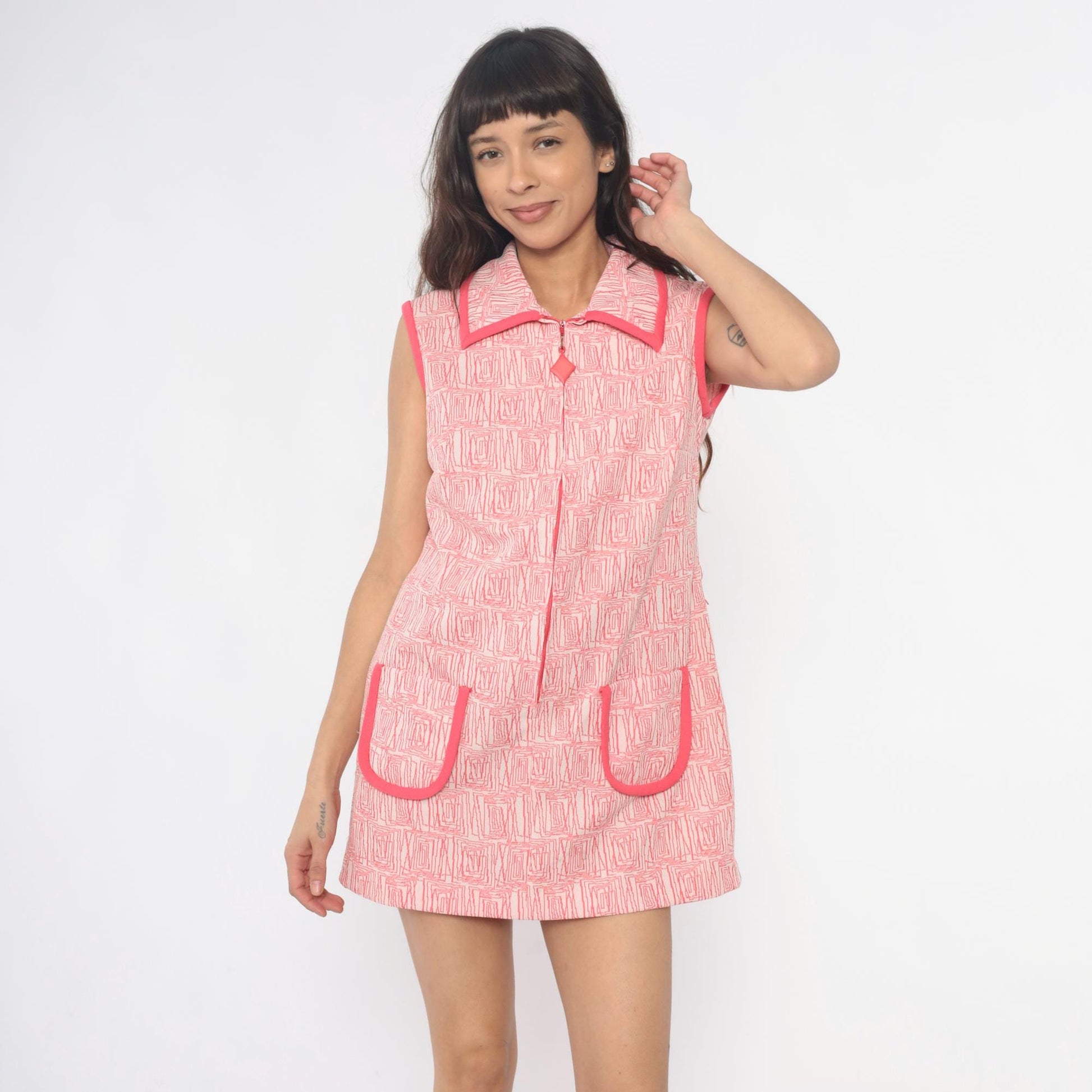 60s Pink Mod Mini Dress White Geometric Collared Zip Front Medium