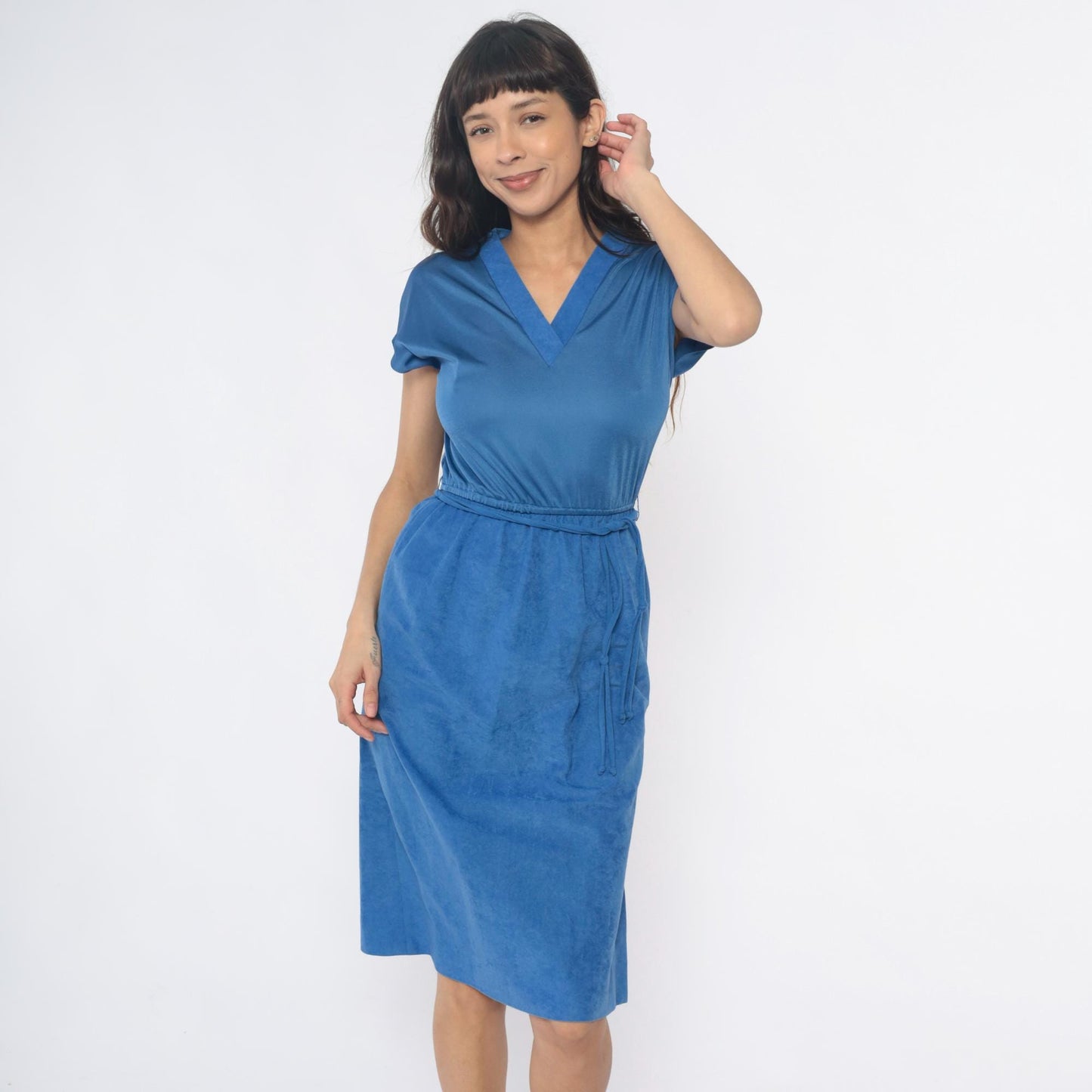 80s Gail Gray Periwinkle Midi Wrap Dress V-Neck Belted Small