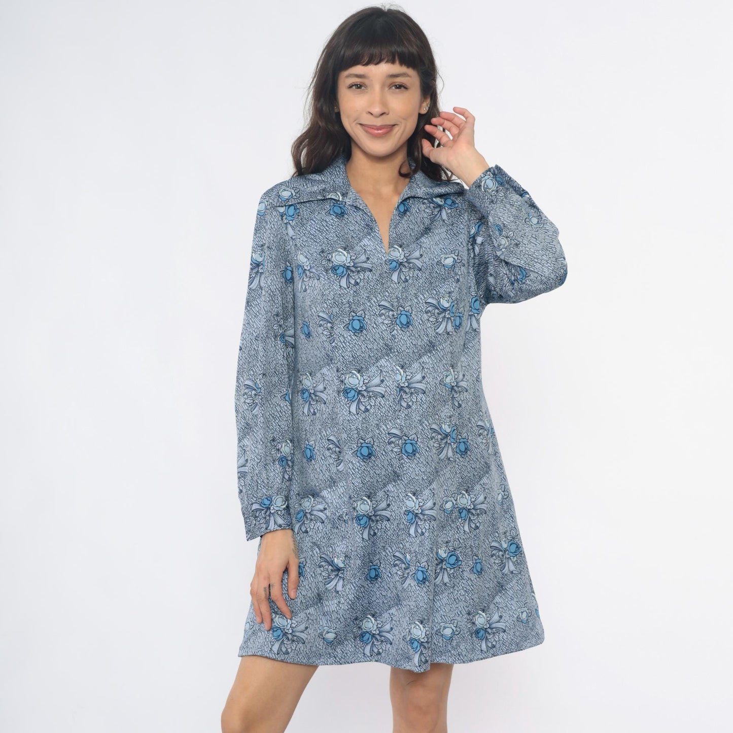 70s Blue-Gray Floral Bow Shirt Dress Pointed Collar Knee-Length Large