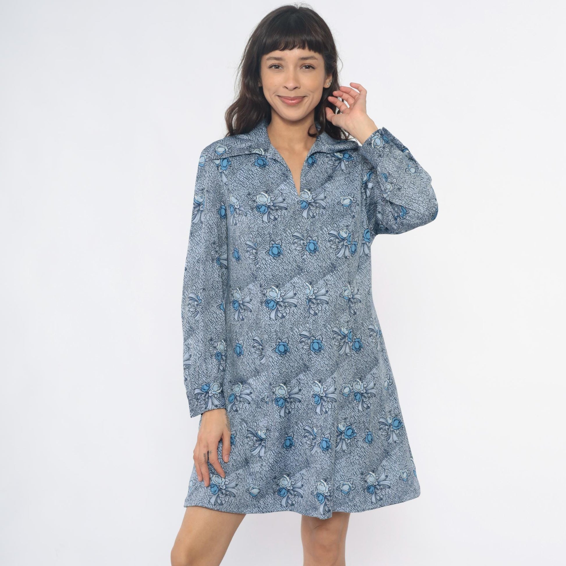 70s Blue-Gray Floral Bow Shirt Dress Pointed Collar Knee-Length Large
