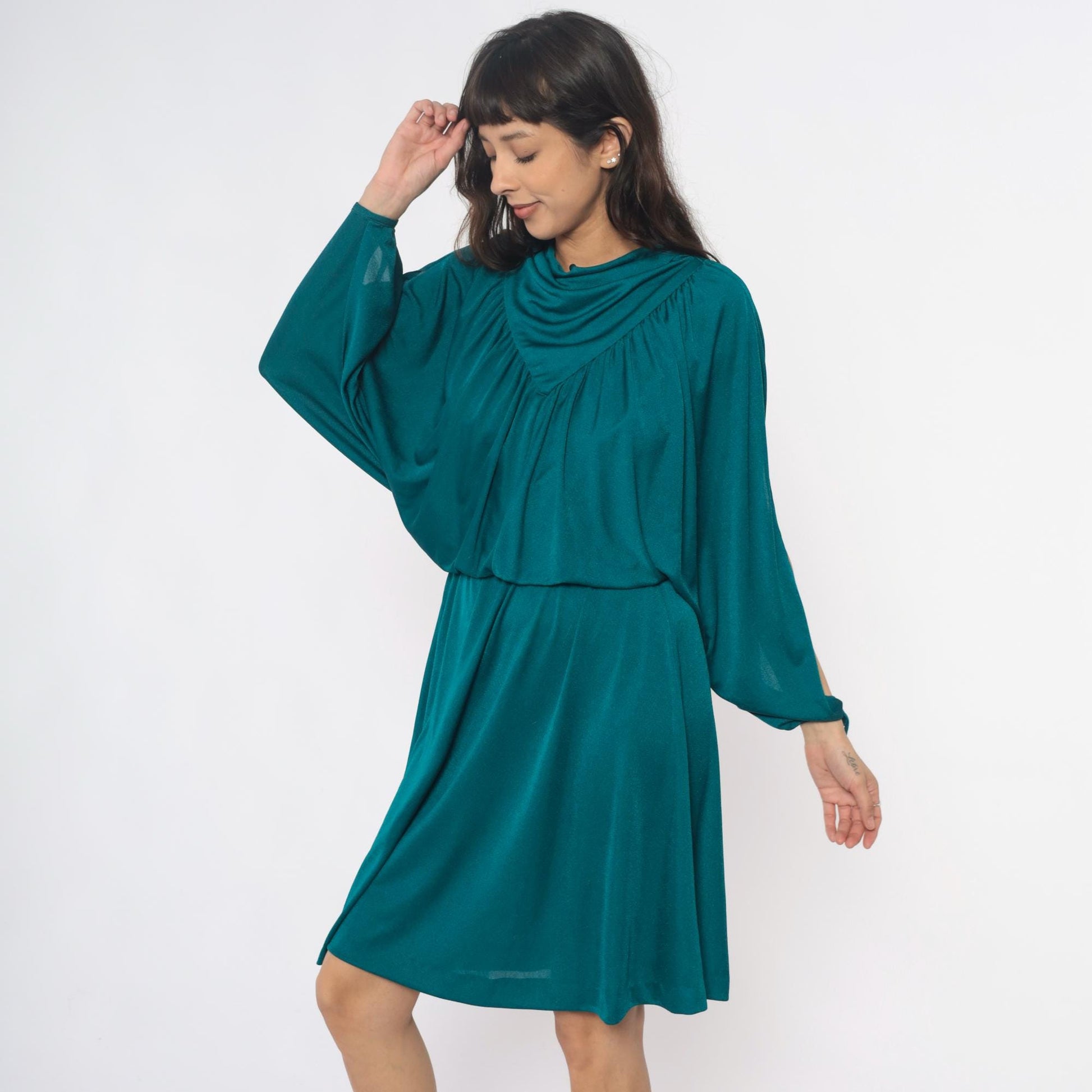 80s Teal Cowl Neck Dress Draped Split Sleeve Knee-Length Small Medium
