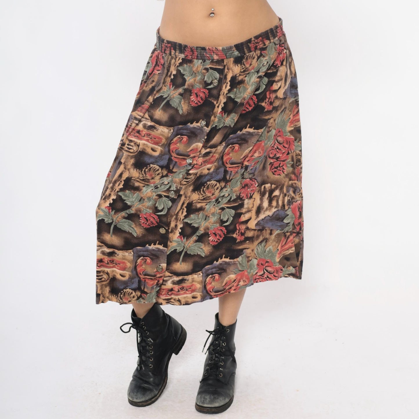 90s Floral Animal Print Midi Skirt Pink Green Brown Rayon Medium Large