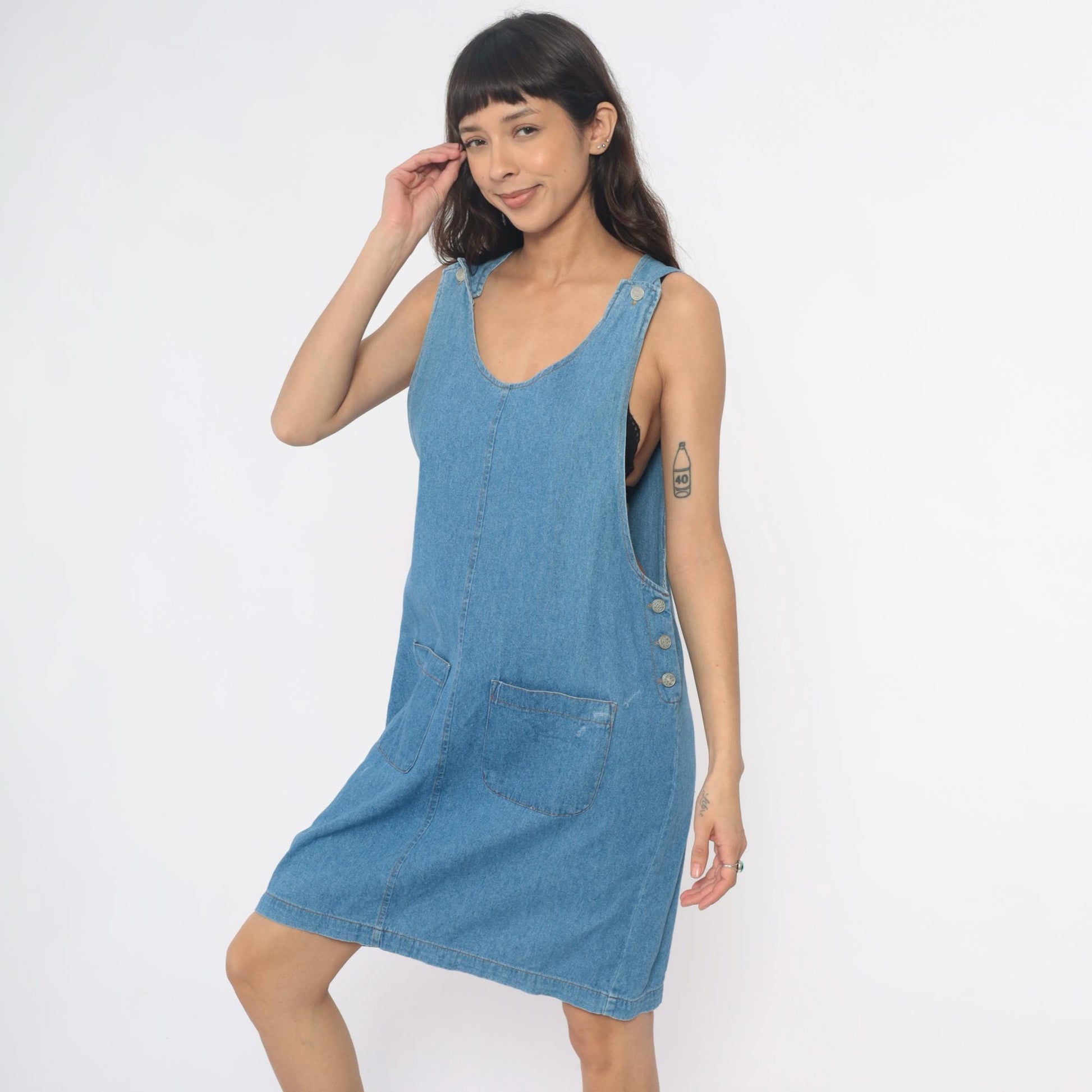 90s Fads Light Blue Denim Dress Sleeveless Side Button Shift Large L