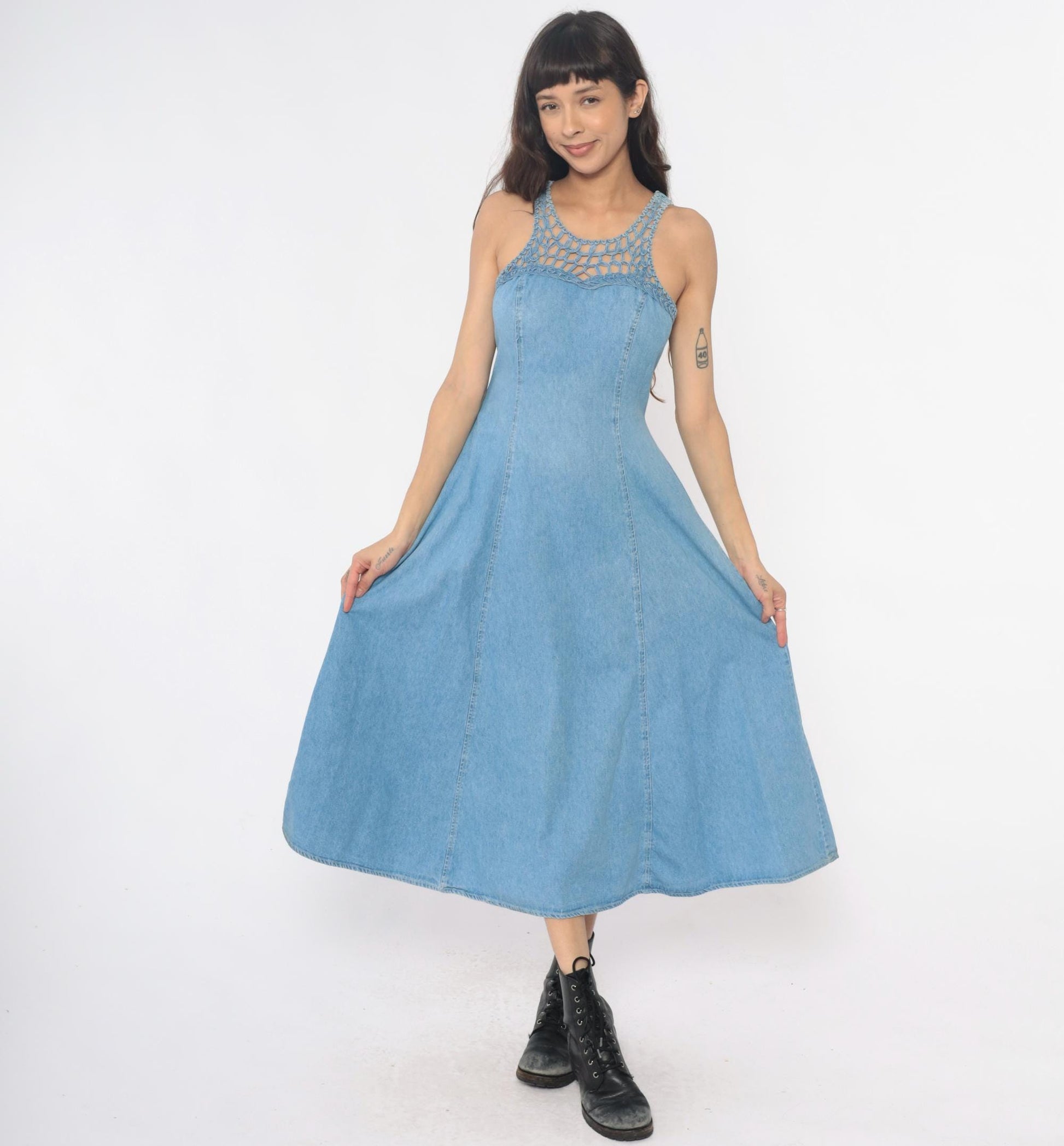 90s Jody California Denim Maxi Dress Light Blue Crochet Lace-Up Racerback Small