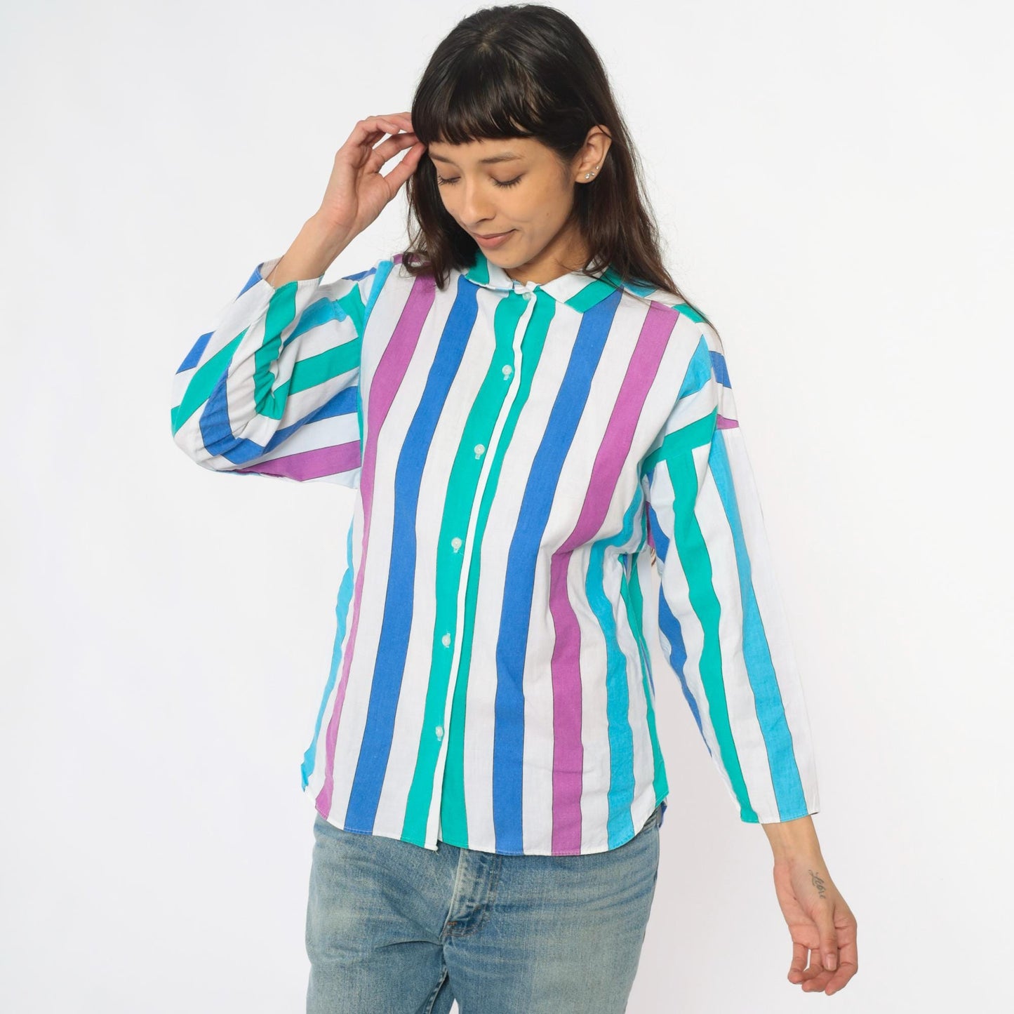 80s Avon Fashions Striped Cotton Blouse Vertical Stripes Purple Blue Small S