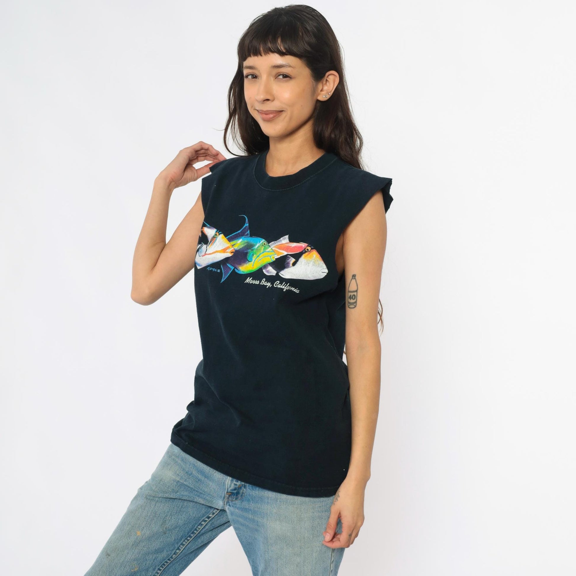 90s Fruit of the Loom Fish Tank Morro Bay Graphic Tank Top Black Cotton Medium M