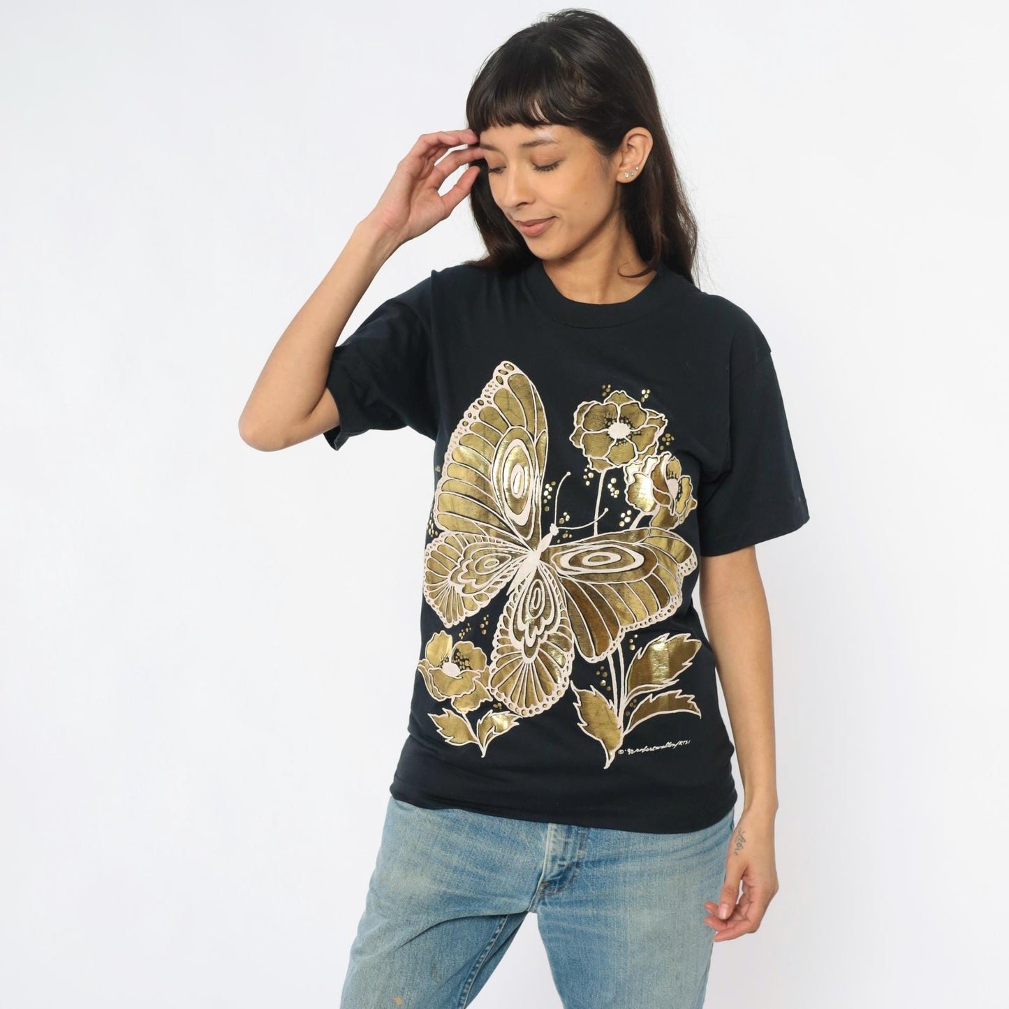 90s Gold Butterfly Floral Graphic T-Shirt Black Screen Stars Best Medium