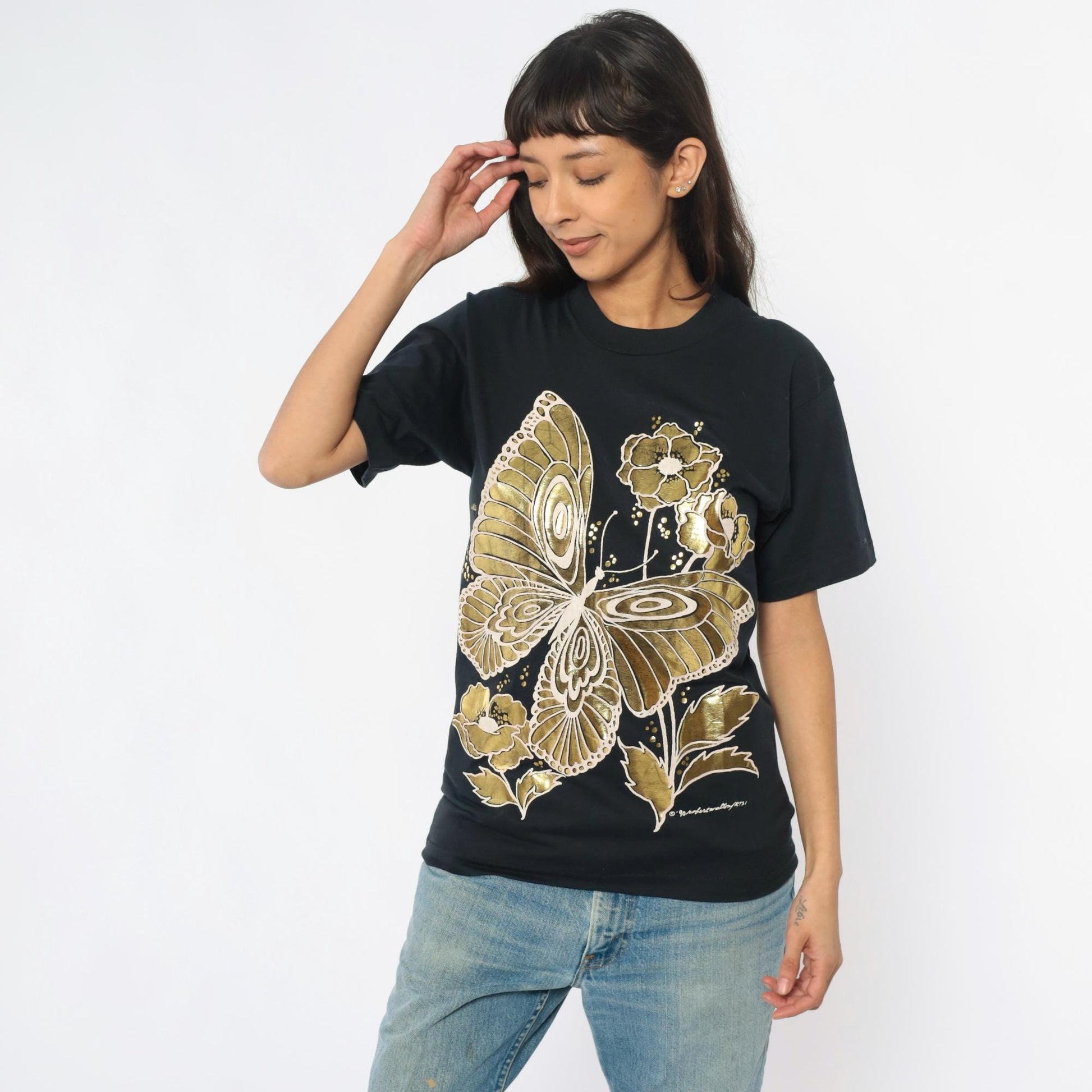 90s Gold Butterfly Floral Graphic T-Shirt Black Screen Stars Best Medium