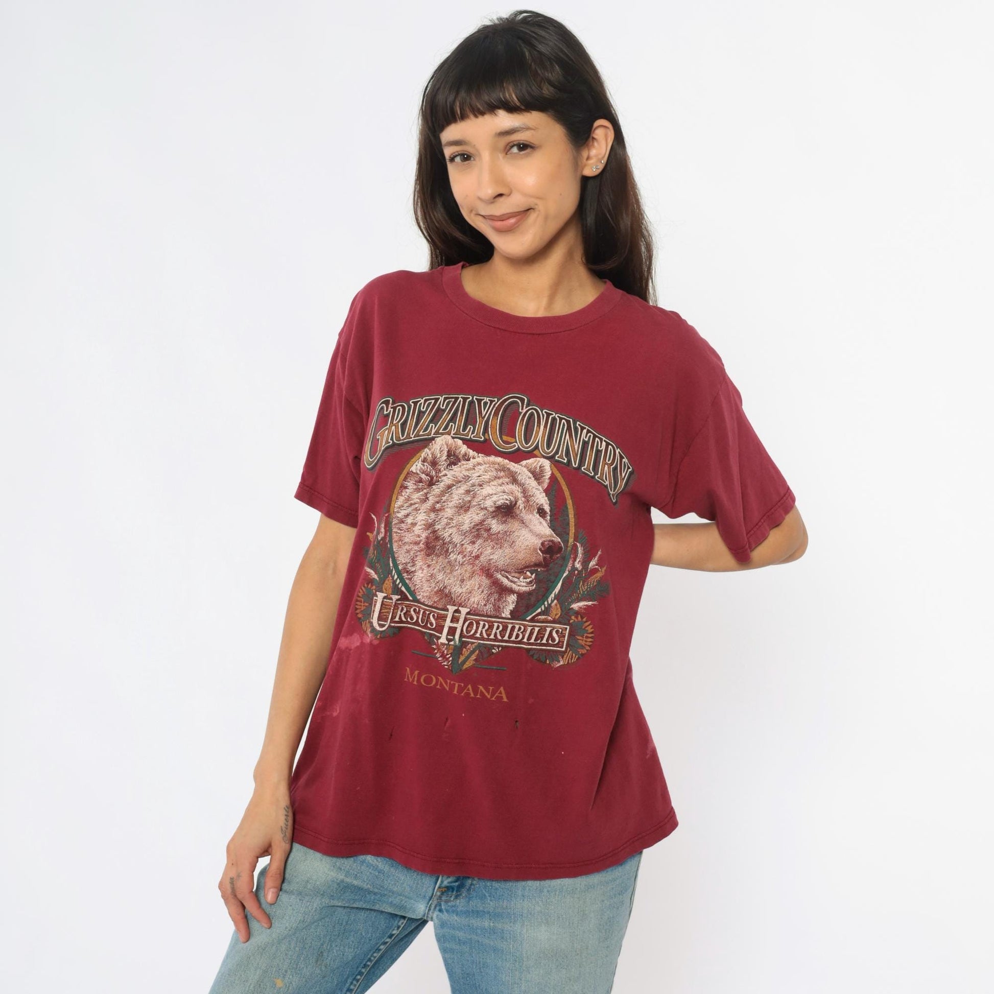 90s Grizzly Bear Montana Graphic Tee Burgundy Cotton Medium M