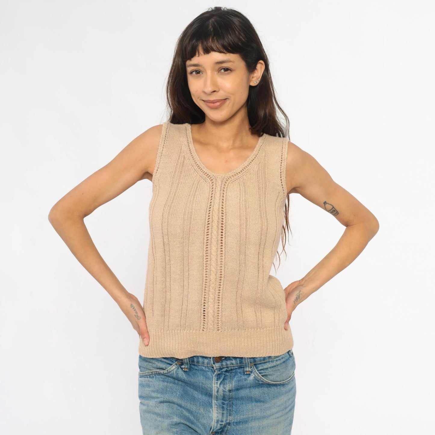 90s Crystal Cream Knit Tank V-Neck Cable Pointelle Cropped Medium M