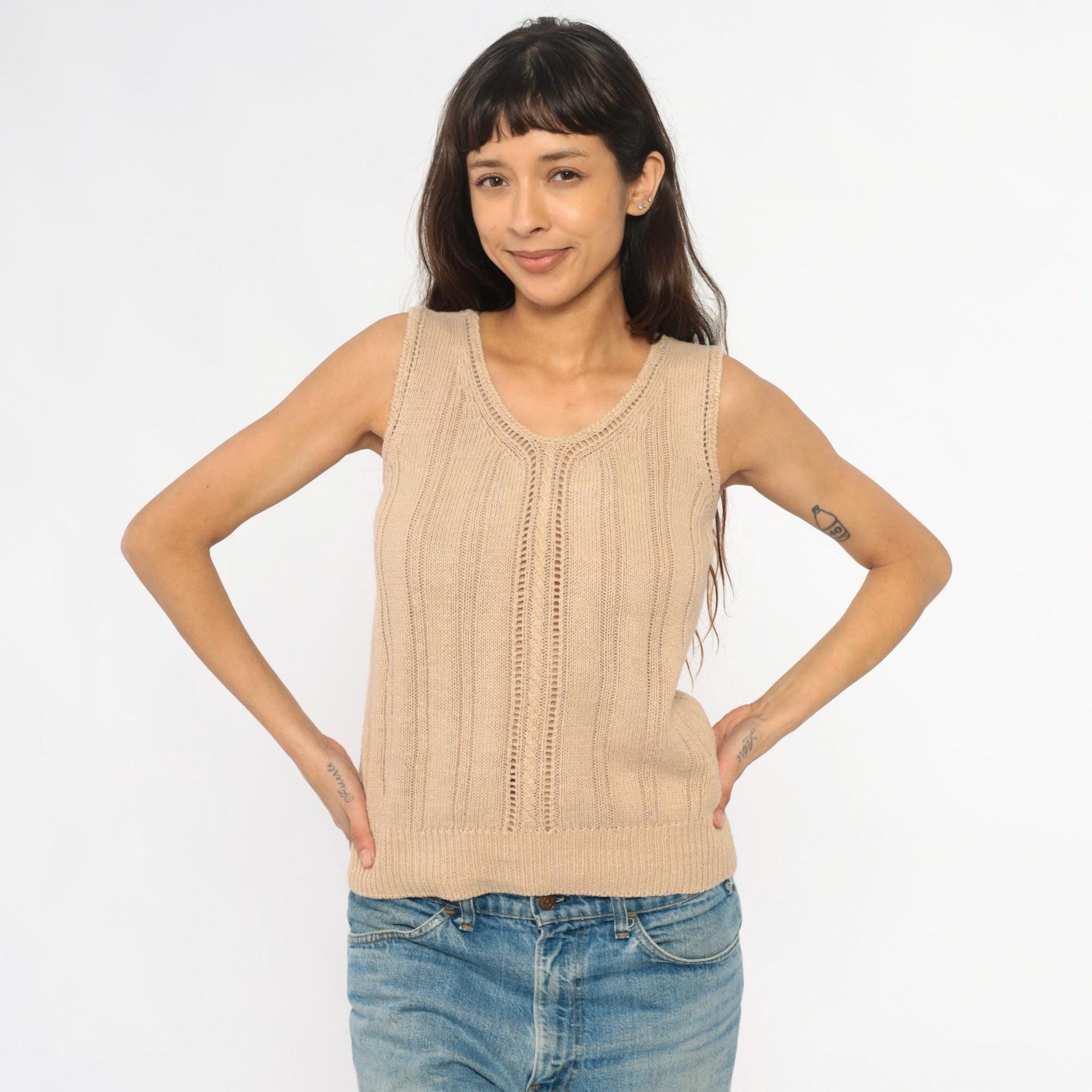 90s Crystal Cream Knit Tank V-Neck Cable Pointelle Cropped Medium M