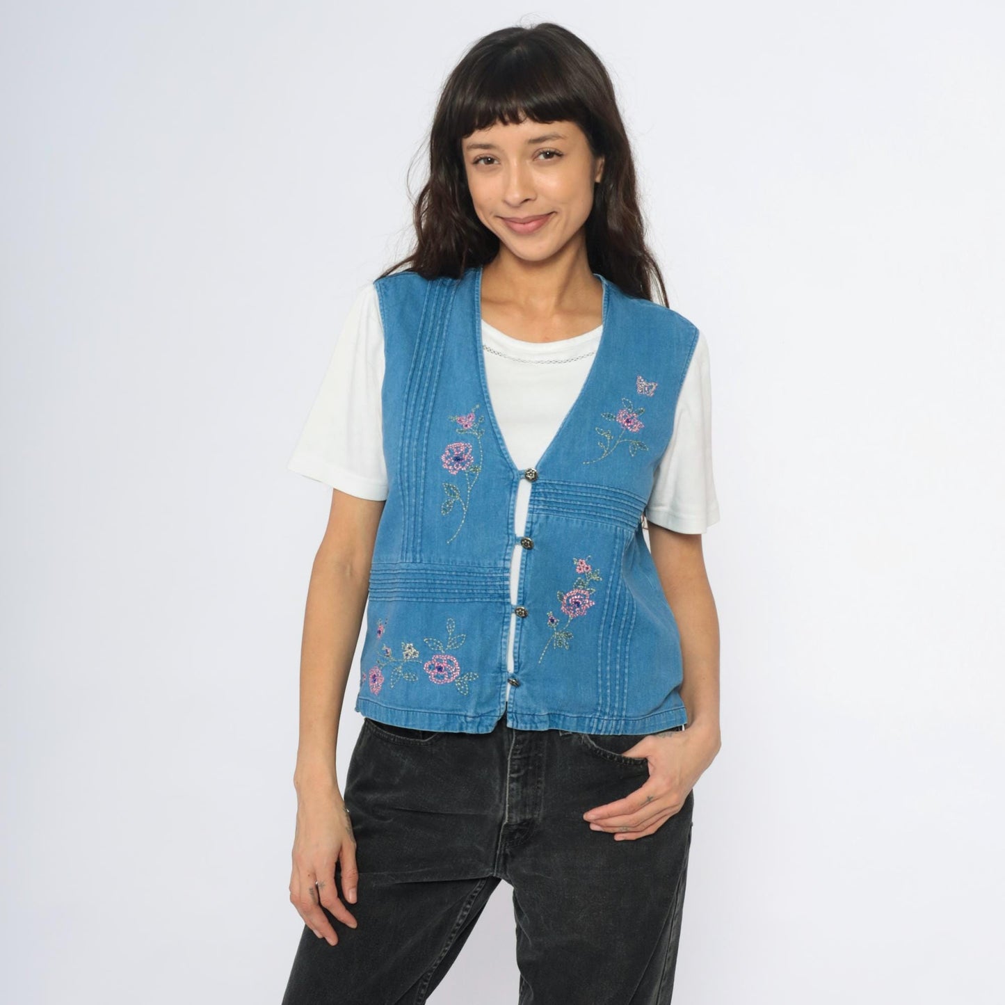 90s Blue Denim Vest Embroidered Floral Button Front Pintuck Small S