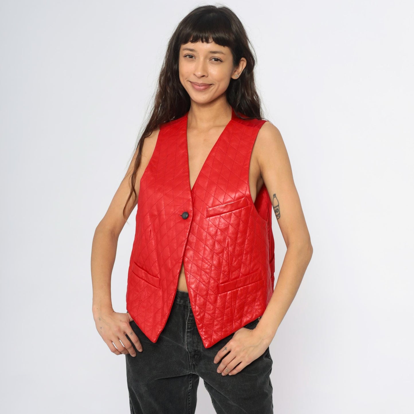 90s Red Leather Quilted Diamond Vest Adjustable Medium M