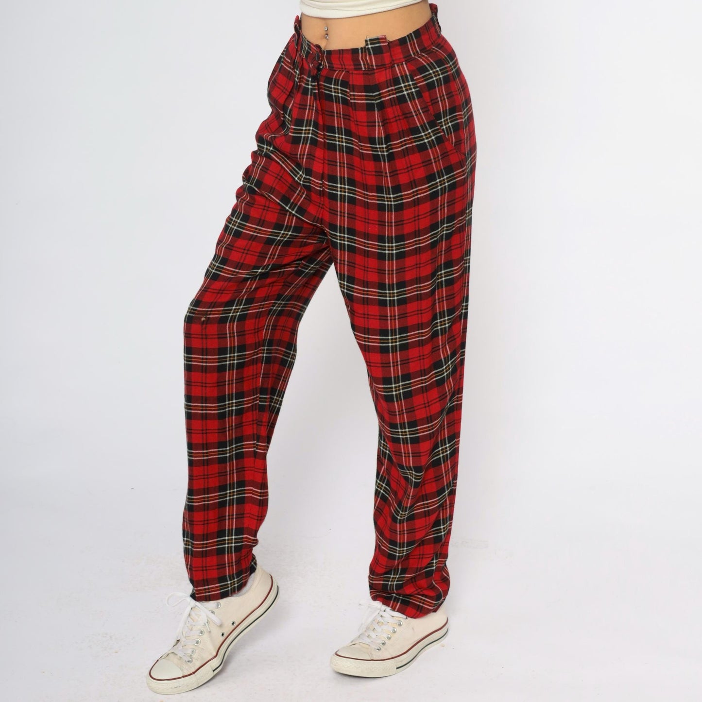 90s Chinicci Red Tartan High-Waist Pleated Trousers Medium