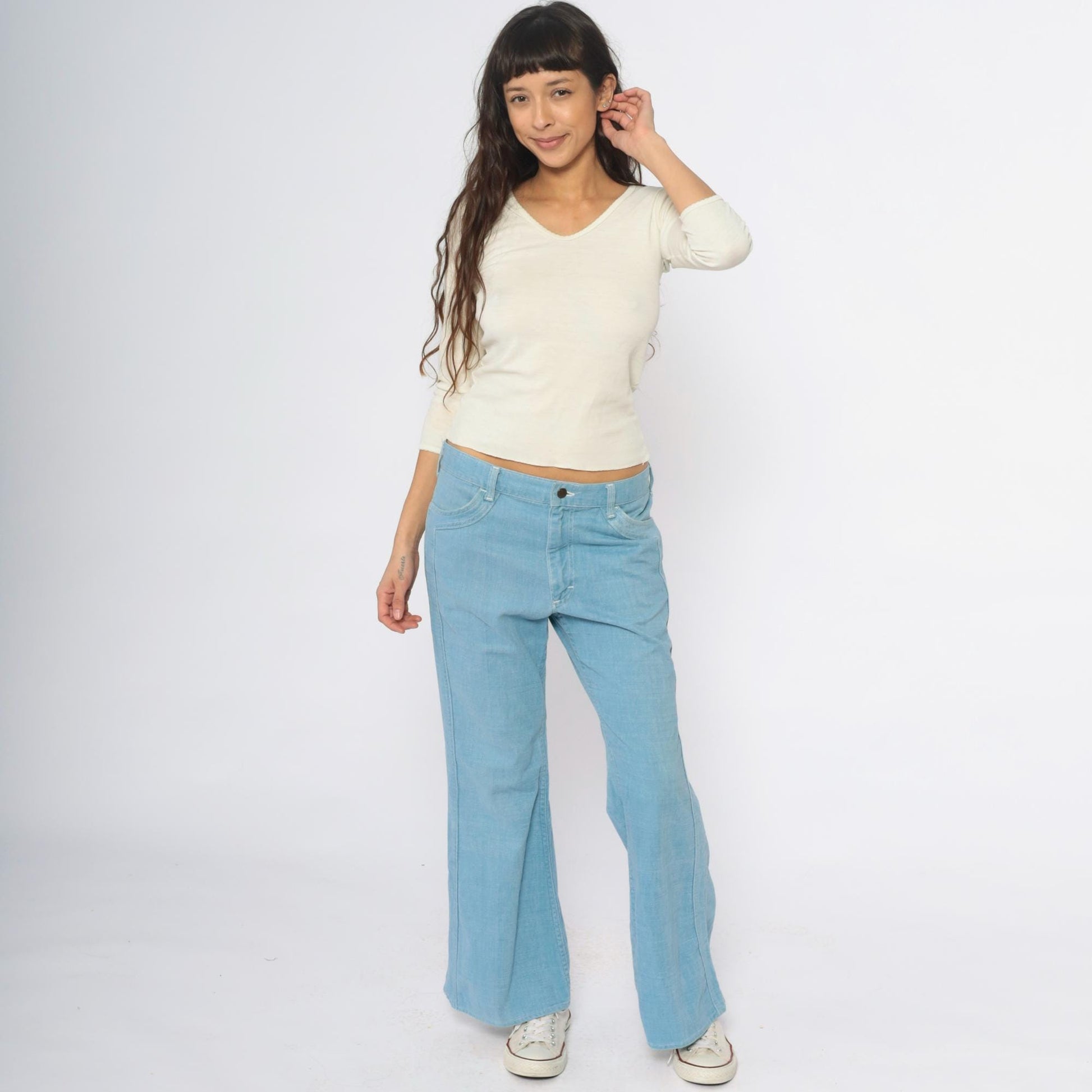 80s Lee Light Blue Flare Jeans High Rise Wide Leg Cotton Denim 33x30