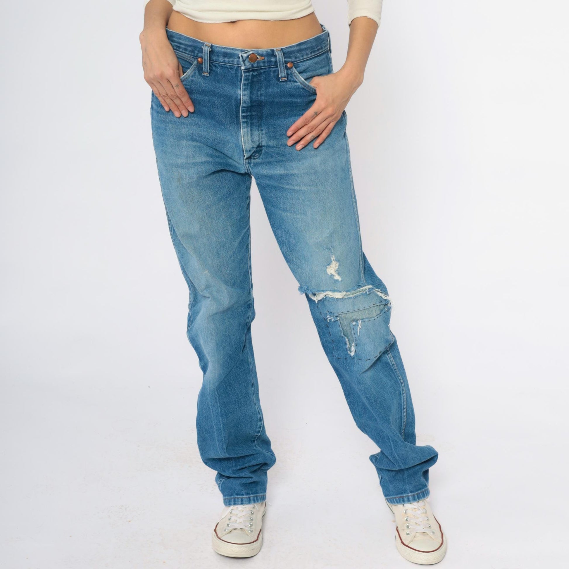 00s Wrangler Distressed Jeans Light Blue Denim Straight Leg Mens 33 Waist