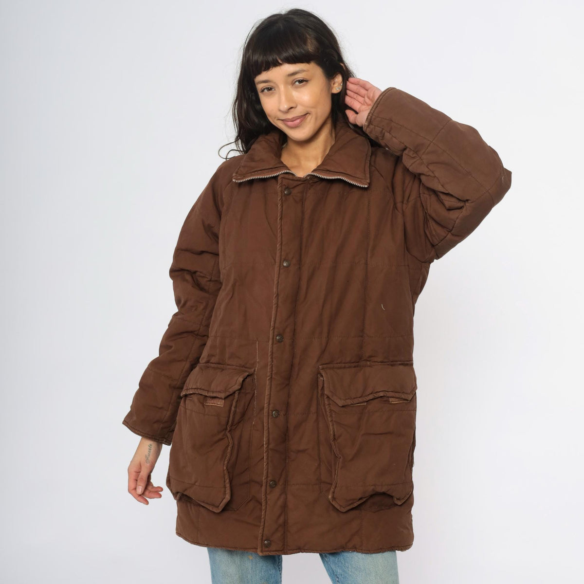 80s REI Brown Quilted Puffer Jacket Corduroy Collar Zip Large